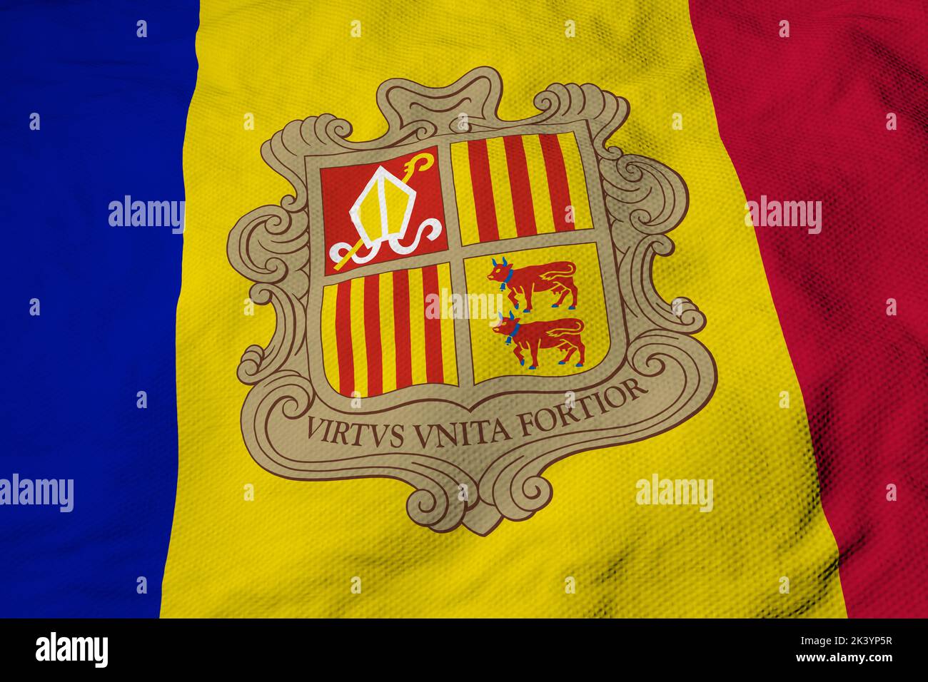 Full frame close-up on a waving Flag of Andorra in 3D rendering. Stock Photo
