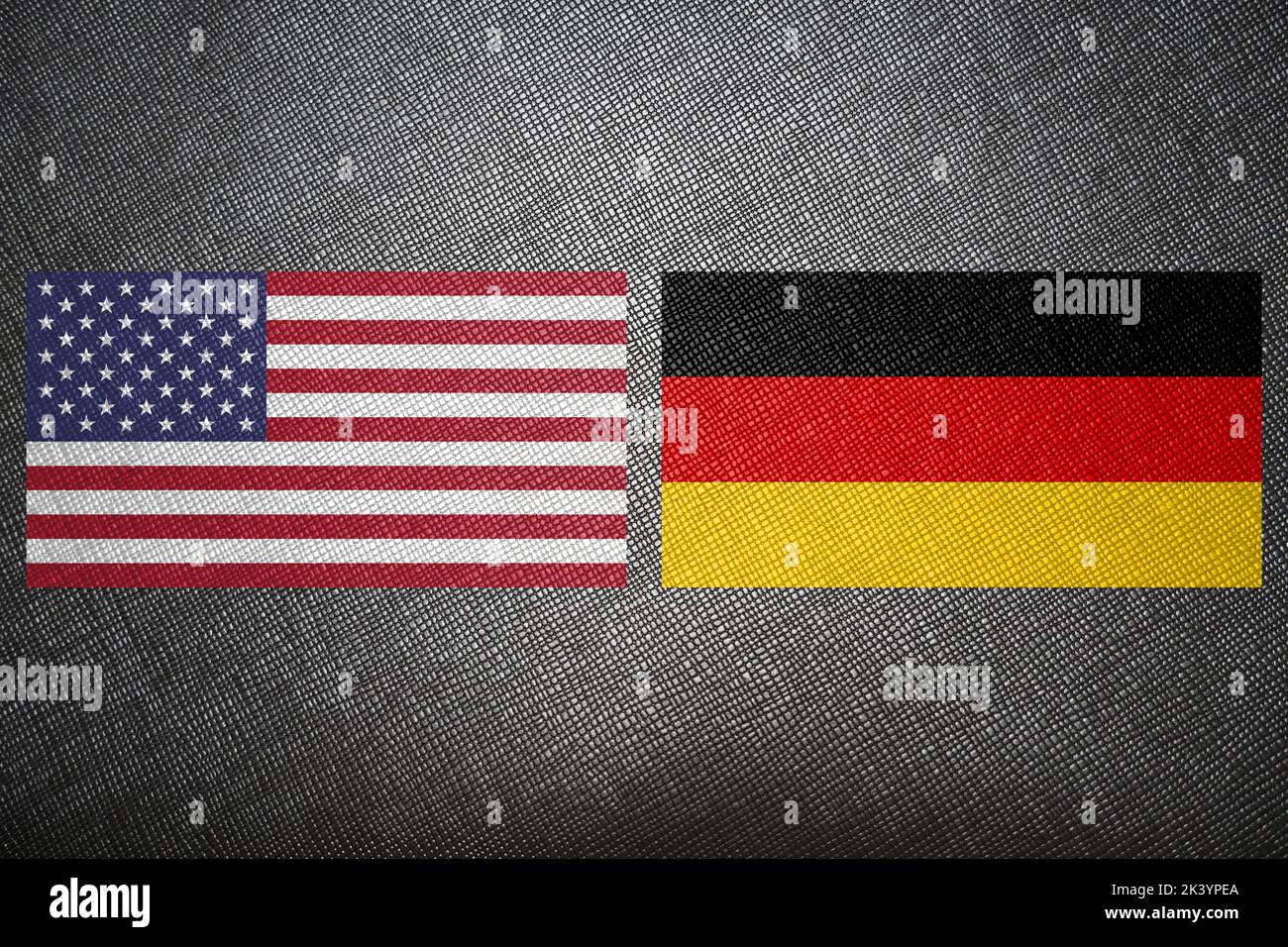 3D illustration, United States and Germany alliance and meeting, cooperation of states. Germany Flag US Flag texture. Stock Photo