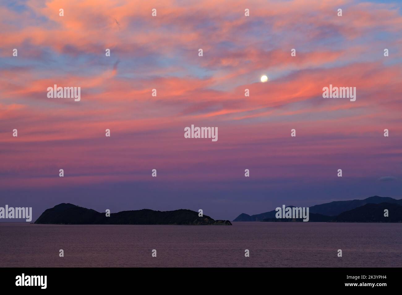 The full moon rises through a sky full of purple sunset clouds above Queen Charlotte Sound in the South Island of New Zealand Stock Photo