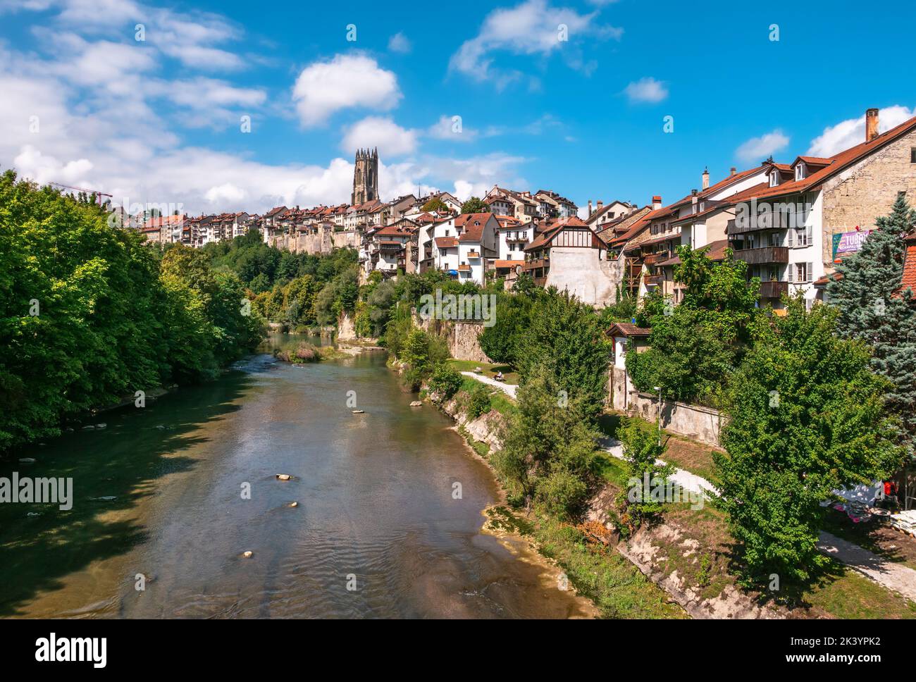 Fribourg, Switzerland - August 31, 2022: Cityscape of Freiburg city, one of the best preserved medieval old towns in Switzerland Stock Photo