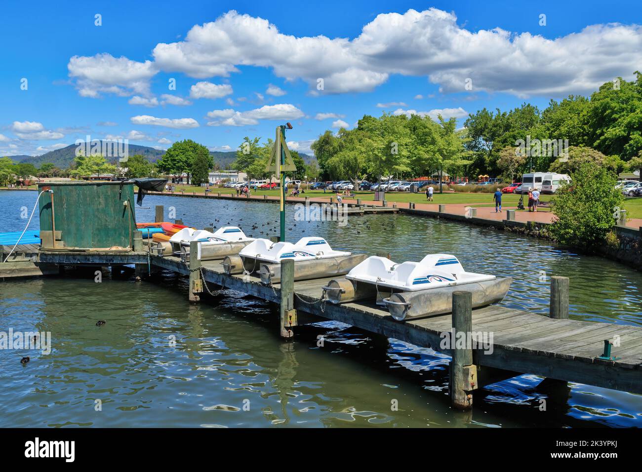 Pedal boats on a jetty in Lake Rotorua, New Zealand. In the background is a lakefront park Stock