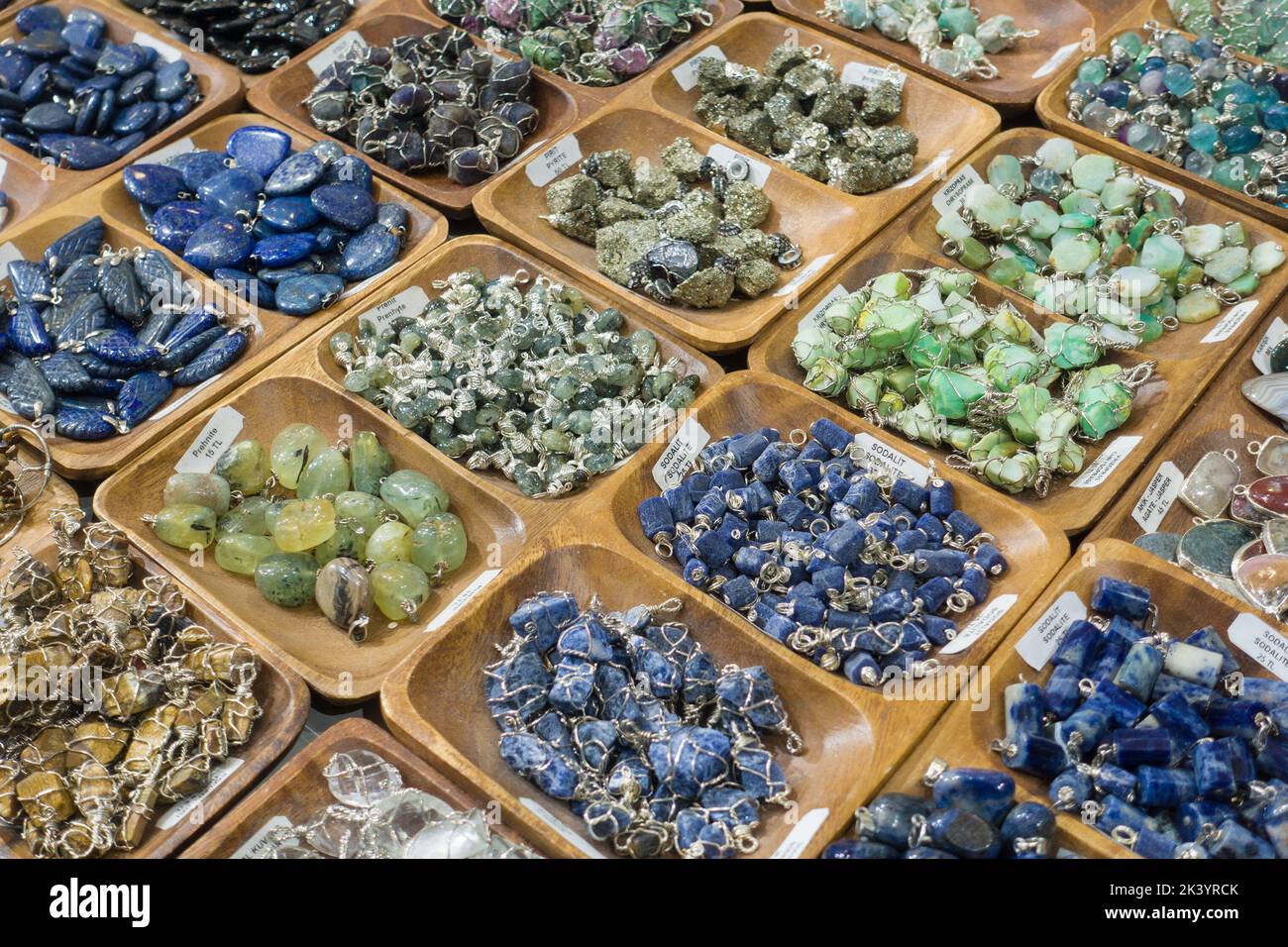 Collection of natural stones in shop. Stock Photo