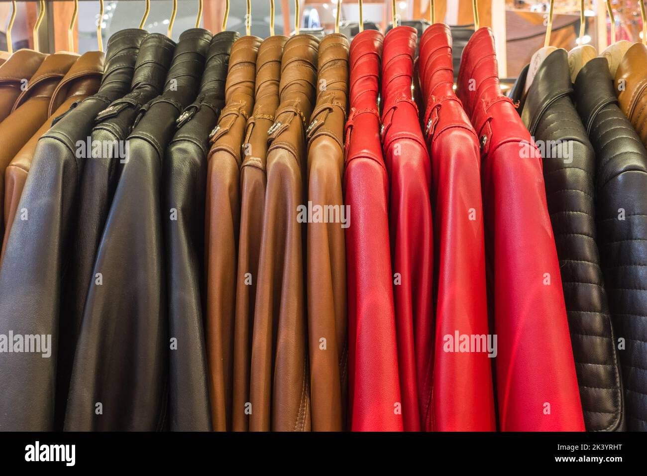 Leather jackets on hanger in store Stock Photo Alamy