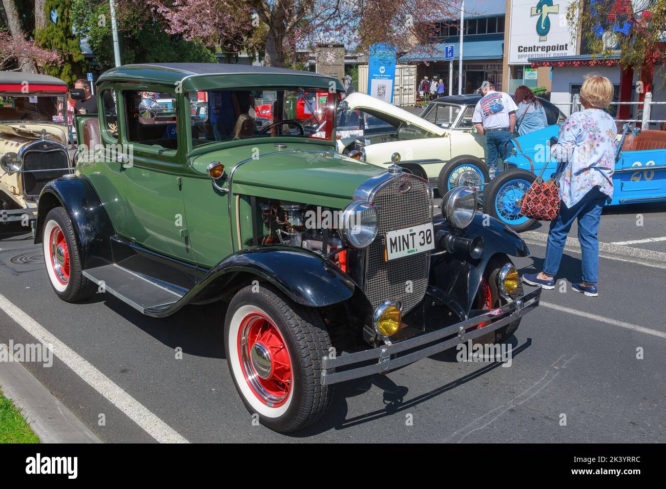 A green 1930 Ford Model A coupe at a classic car show. Tauranga, New Zealand Stock Photo
