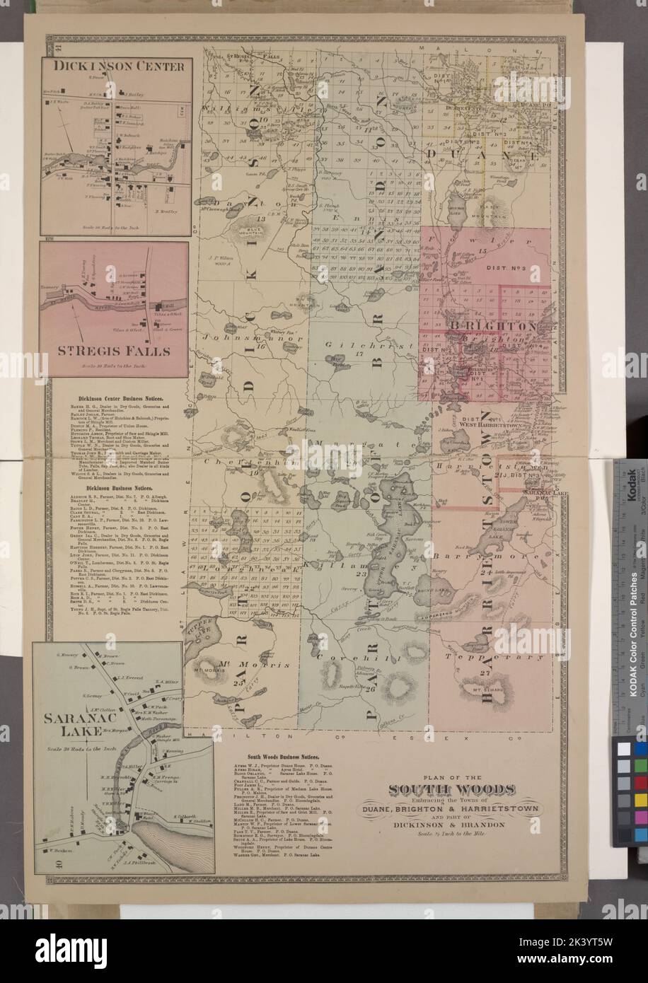 Dickinson Center Village; St. Regis Falls Village; Dickinson Center Business Notices. ; Dickinson Business Notices. ; Saranac Lake Village; South Woods Business Notices. ; Plan of the South Woods Embracing the Towns of Duane, Brighton, & Harrietstown and part of Dickinson & Brandon Cartographic. Atlases, Maps. 1876. Lionel Pincus and Princess Firyal Map Division. Franklin County (N.Y.), Real property , New York (State) Stock Photo