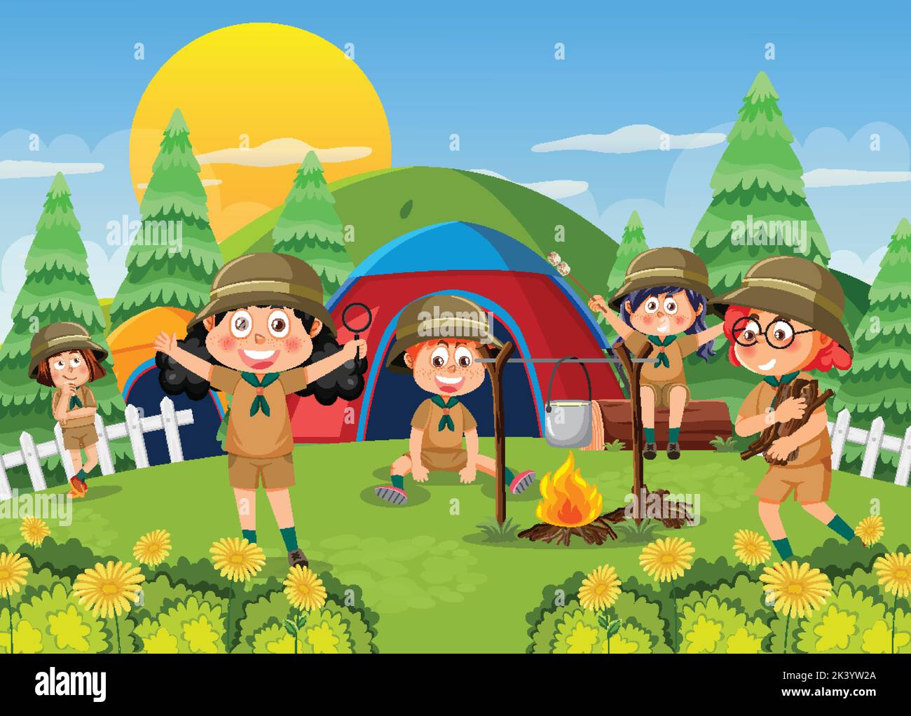 Children camping out forest scene illustration Stock Vector Image & Art ...