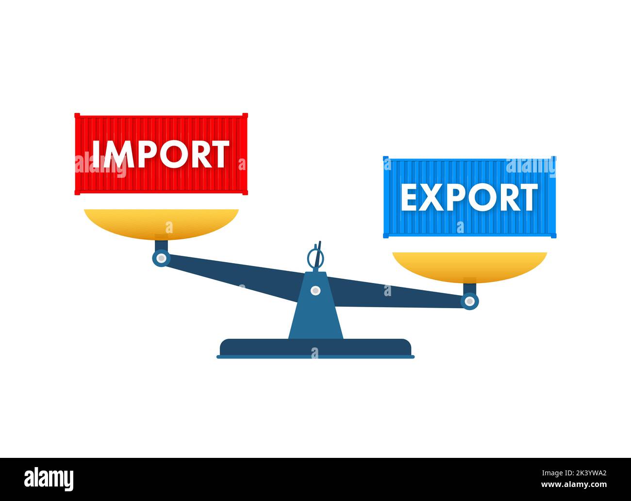 Port crane lift two red cargo containers with import and export words. Vector stock illustration. Stock Vector