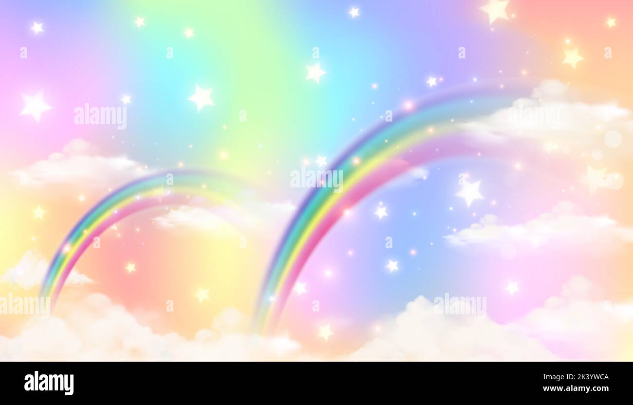 Holographic fantasy rainbow unicorn background with clouds. Pastel color sky. Magical landscape, abstract fabulous pattern. Cute candy wallpaper Stock Vector