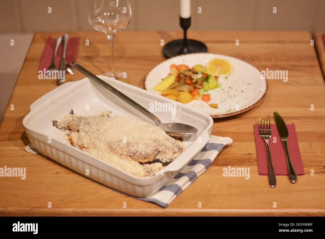 Baked trout in salt crust and steamed vegetables Stock Photo Alamy