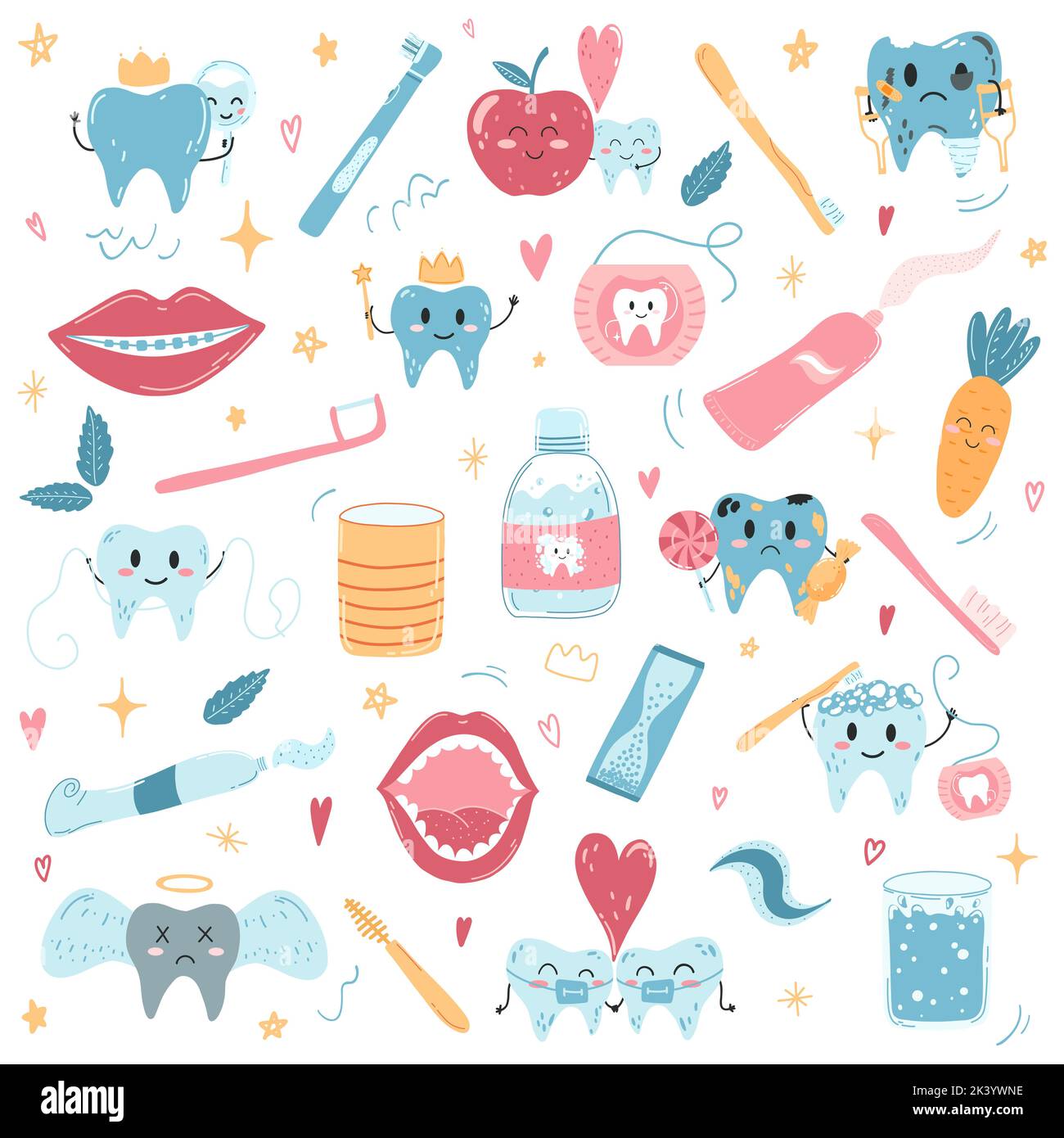 Vector set of kawaii teeth, toothbrushes, toothpaste and dental floss