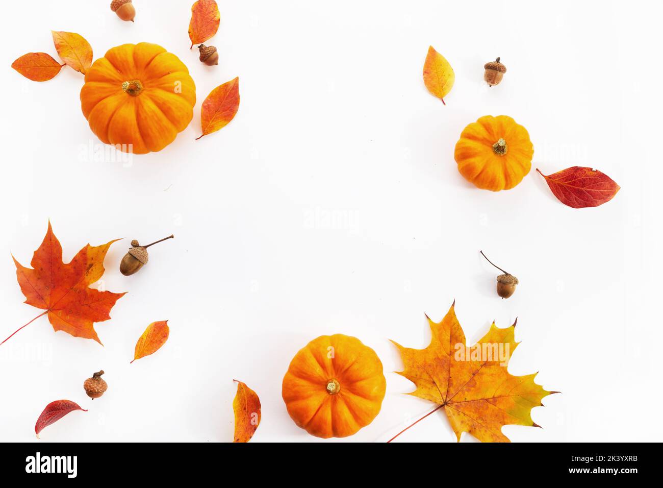 Pumpkins with fall leaves over white background. Top view. Stock Photo