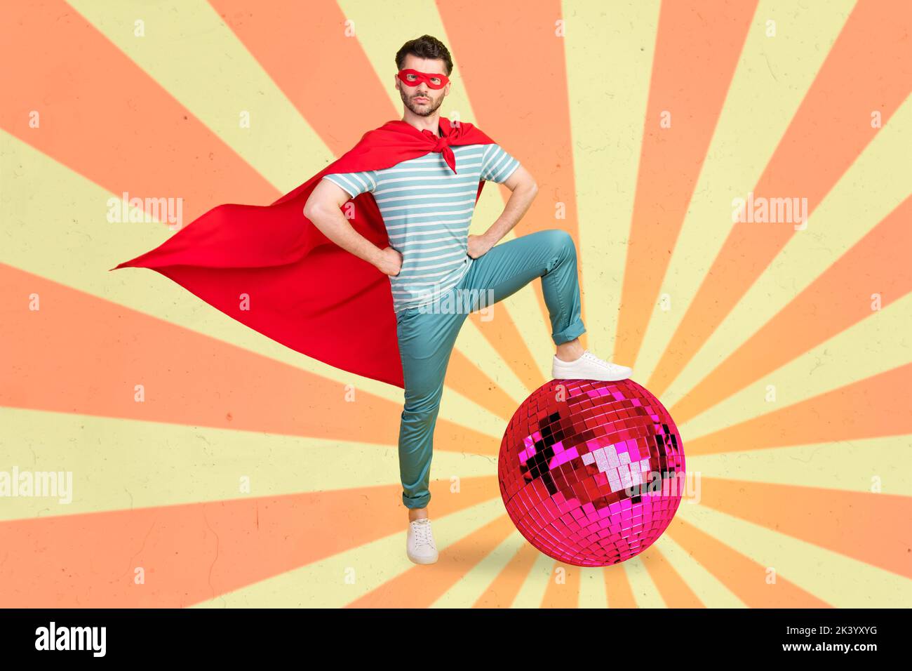 Creative photo collage illustration of strong king of party man arms on waist hand on disco ball isolated on striped colored background Stock Photo