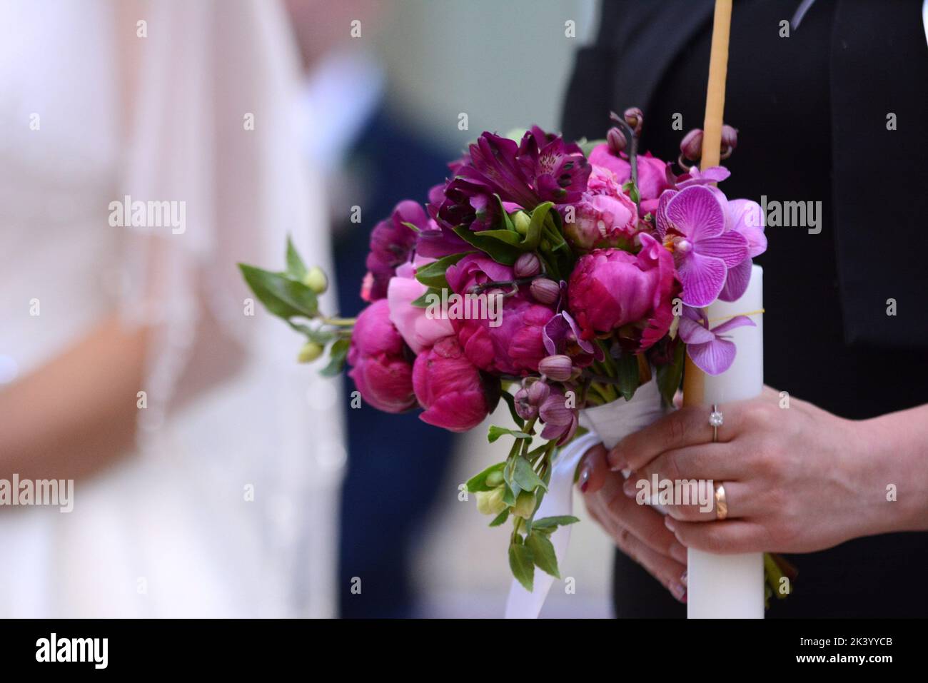 The godmother's bouquet. Bouquet with predominantly pink flowers. Stock Photo