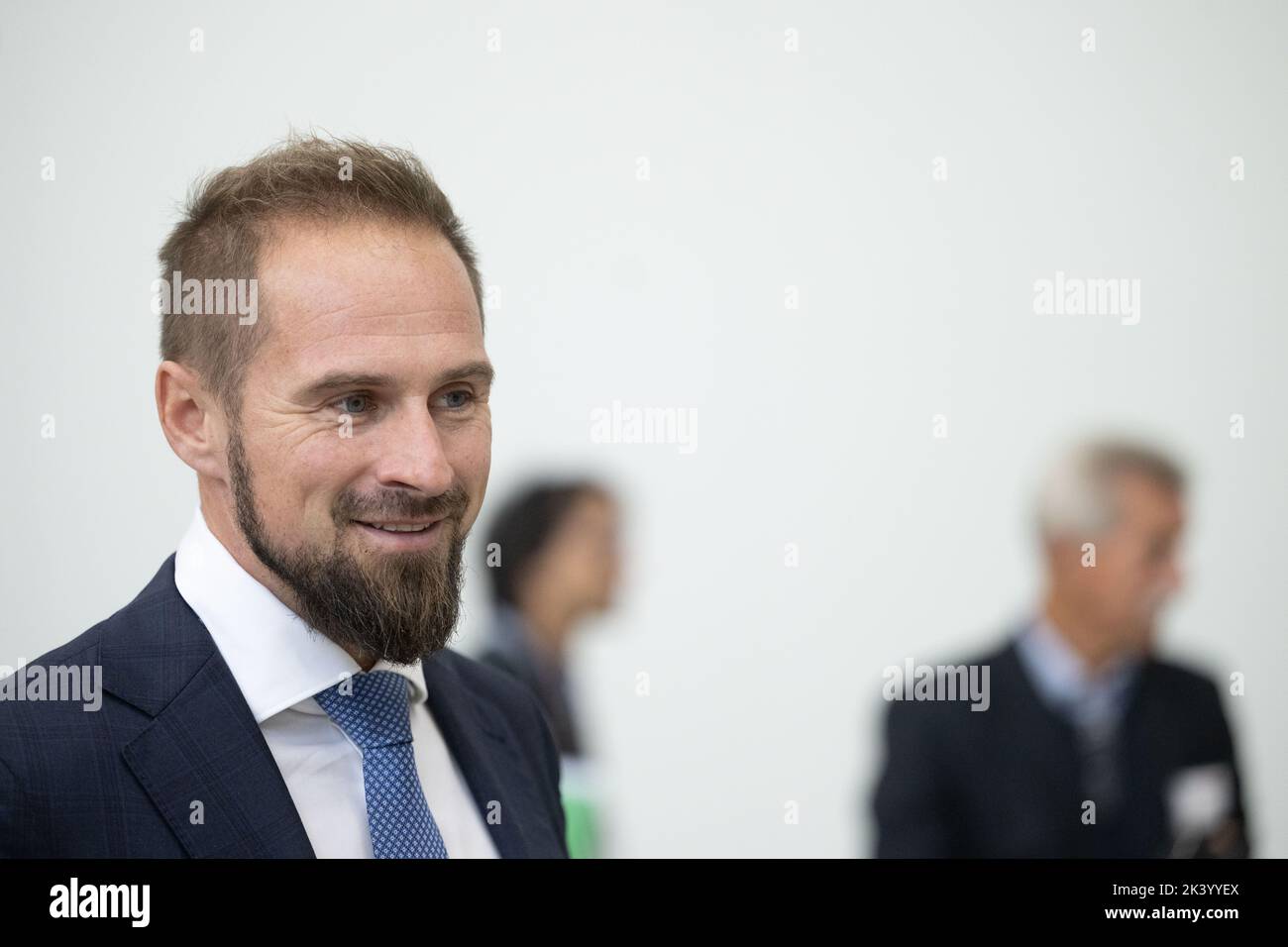 28 September 2022, Baden-Württemberg, Künzelsau: Benjamin Würth, grandson of the Group's founder Reinhold Würth, takes part in a tour of the Curio Innovation Center of the Würth Group. According to the company, which is known for screws and dowels, laboratories and workplaces for around 250 people are available on an area of around 15,500 square meters. Photo: Marijan Murat/dpa Stock Photo