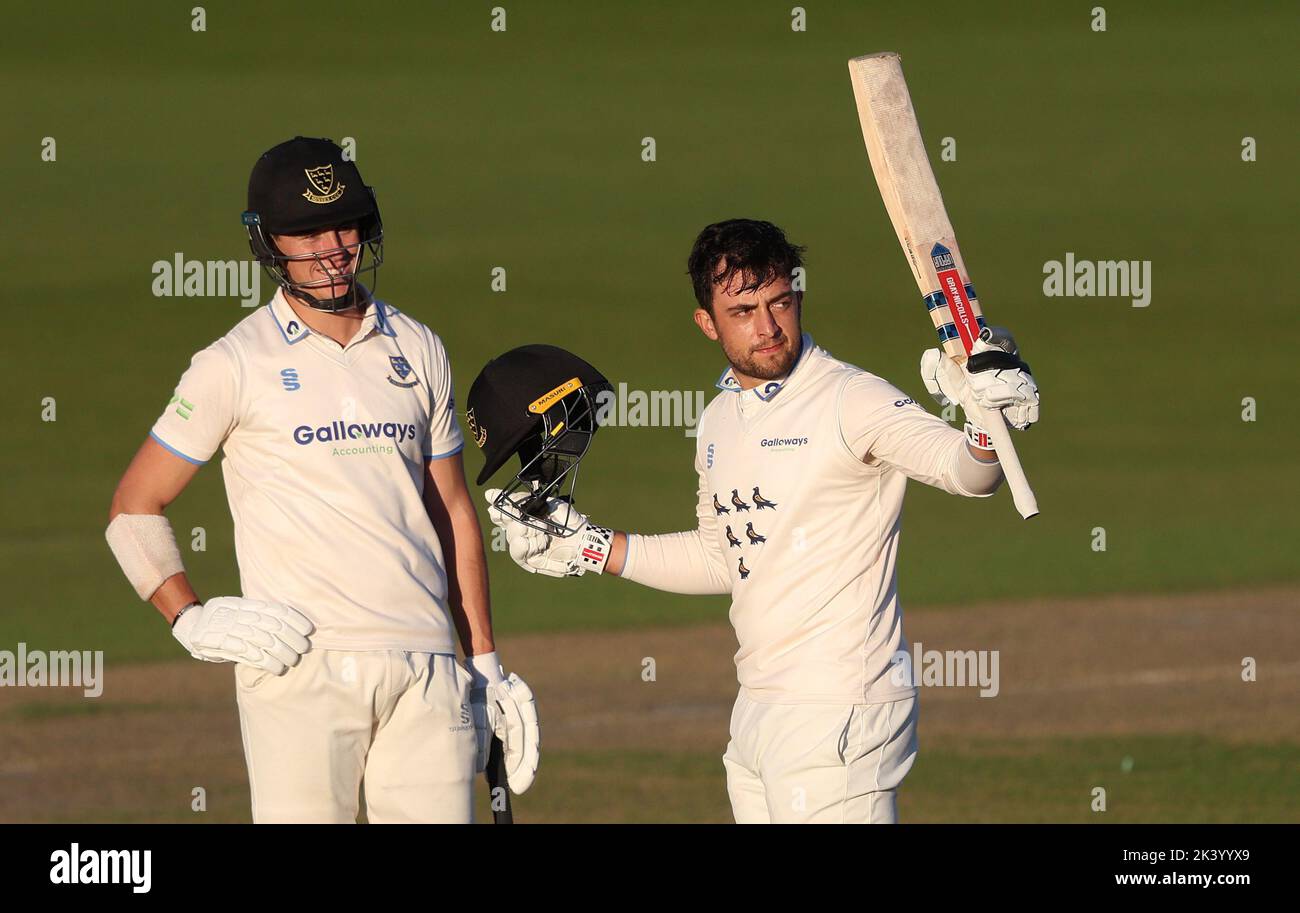 Hove, UK 28th September 2022 :  Sussex's Captain Tom Haines batting during Sussex’s second innings during the LV Insurance County Championship Division Two match between Sussex and Glamorgan at The 1st Central County Ground in Hove. Stock Photo
