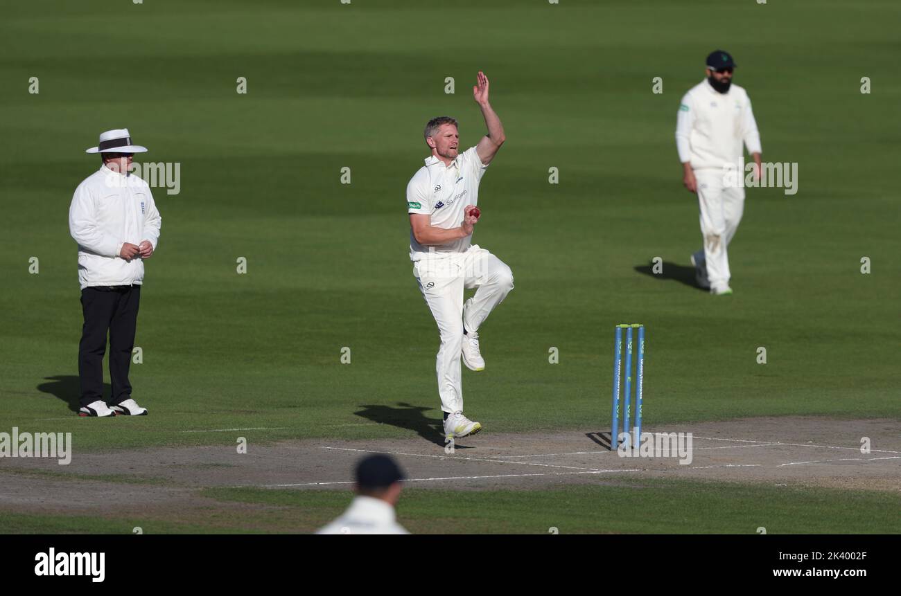 Hove, UK 28th September 2022 :  Glamorgan's Timm van der Gugten comes into bowl during the LV Insurance County Championship Division Two match between Sussex and Glamorgan at The 1st Central County Ground in Hove. Stock Photo