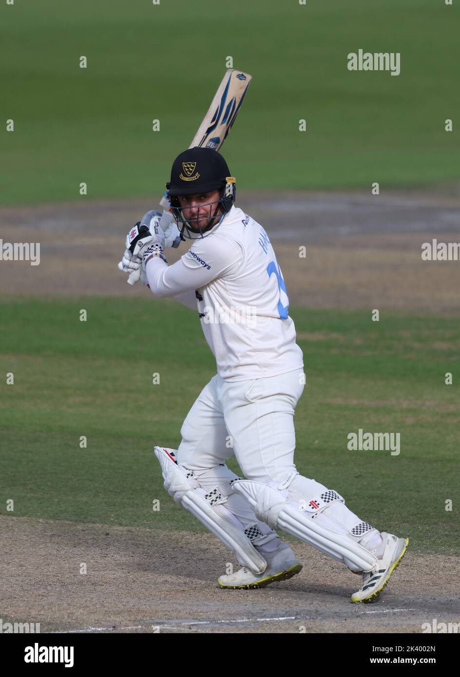 Hove, UK 28th September 2022 :  Sussex's Captain Tom Haines batting during Sussex’s second innings during the LV Insurance County Championship Division Two match between Sussex and Glamorgan at The 1st Central County Ground in Hove. Stock Photo