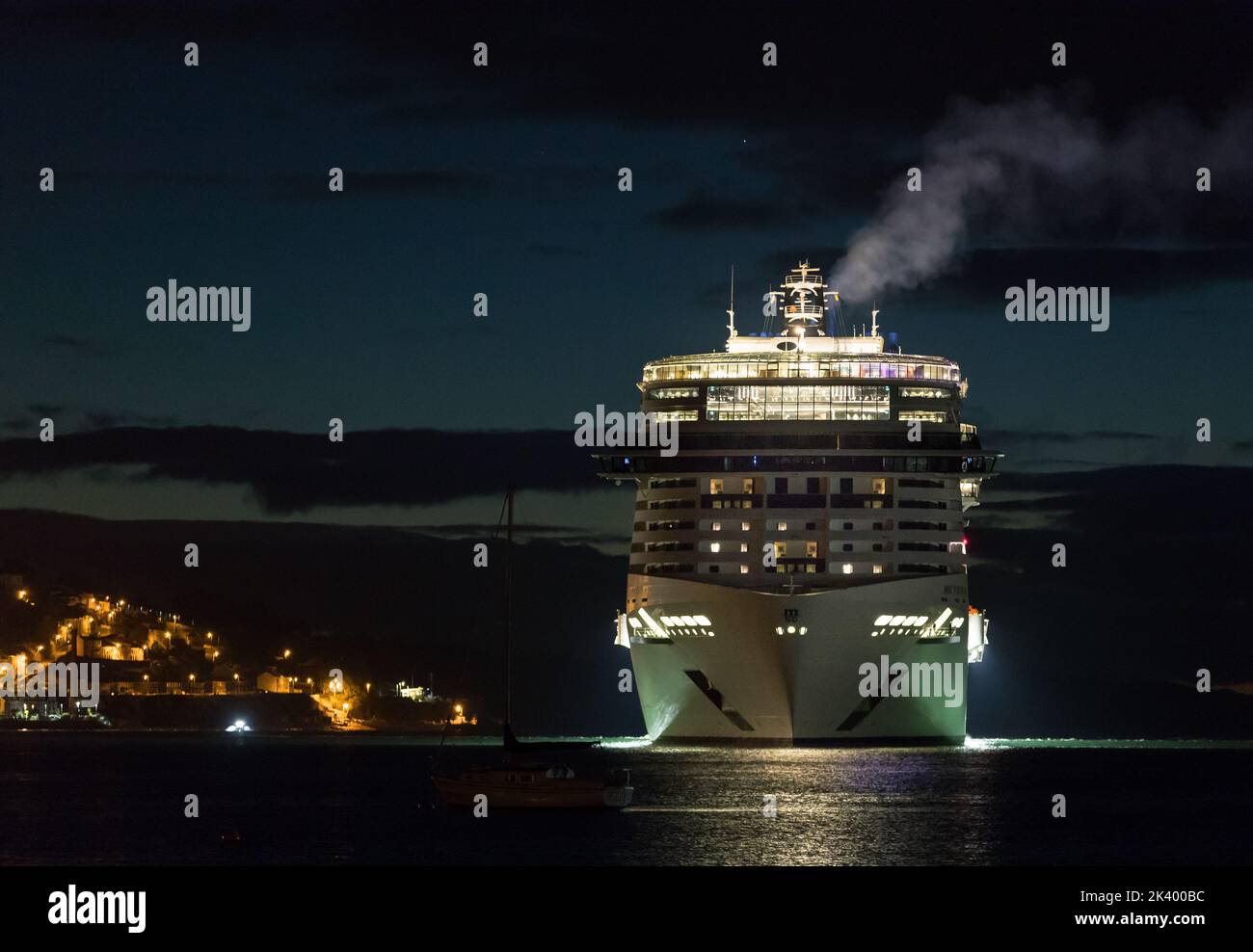 Cobh, Cork, Ireland. 29th September, 2022. At over 330 meters in length and one of the largest to visit, the cruise ship MSC Virtuosa arrives before dawn in Cobh, Co. Cork, Ireland.    - Credit; David Creedon / Alamy Live News Stock Photo