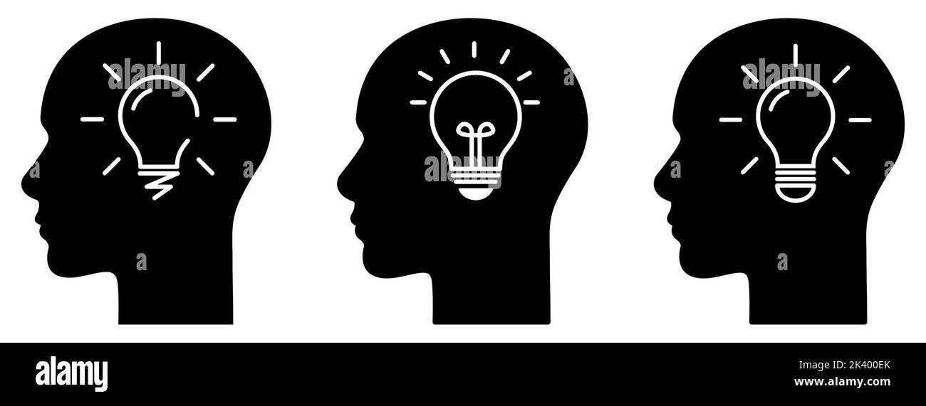Set of heads with bulb icons. Design for web and mobile app. Vector illustration Stock Vector