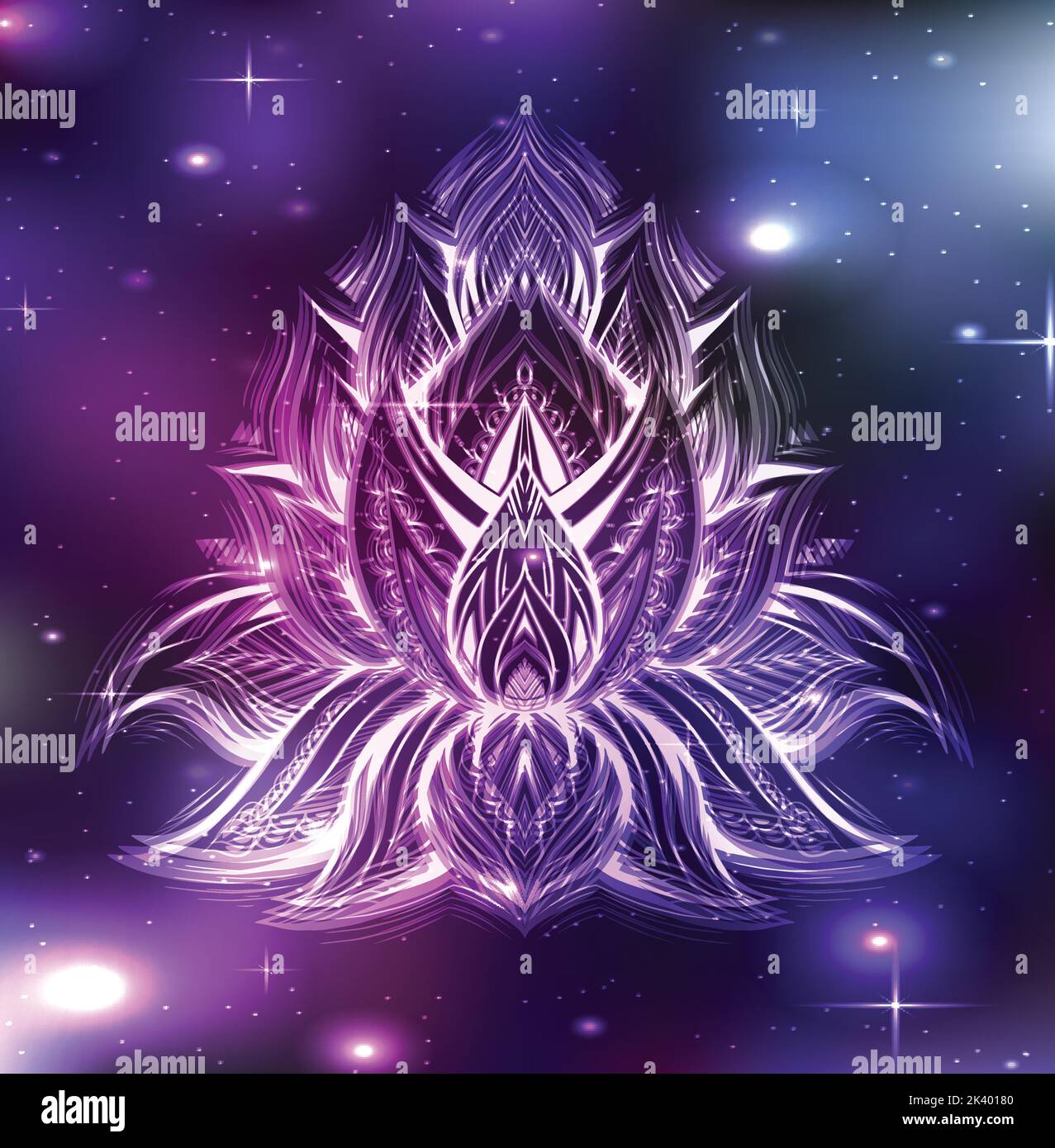 Vector sacred lotus illustration with boho ornament in cosmos. Neon psychedelic water lily with tribal decoration in universe. Mystical floral picture Stock Vector