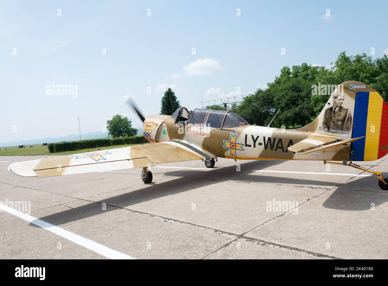 Back view of the propeller plane taking off Stock Photo Alamy