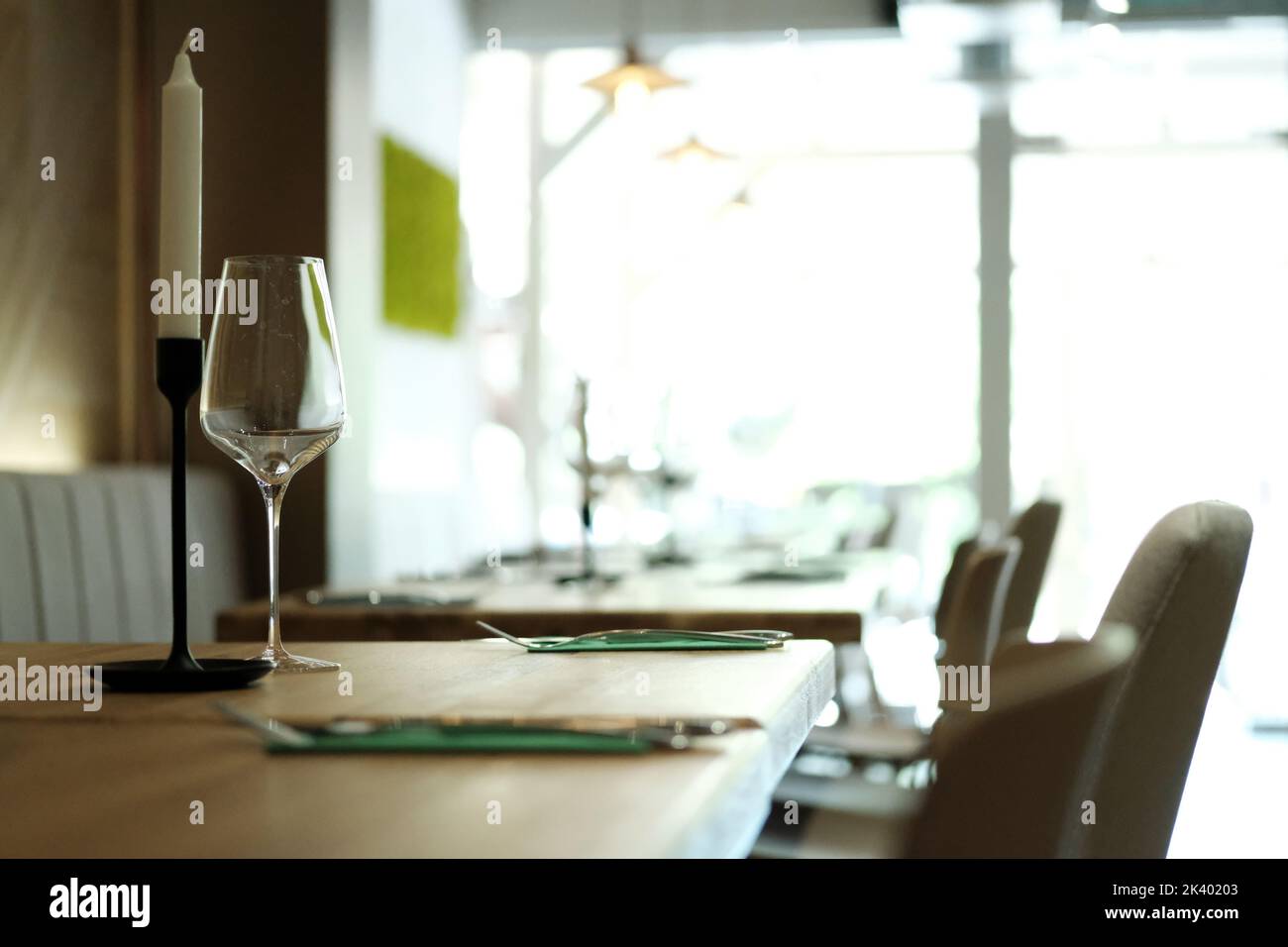 Table setting with wine glasses at the modern restaurant Stock Photo