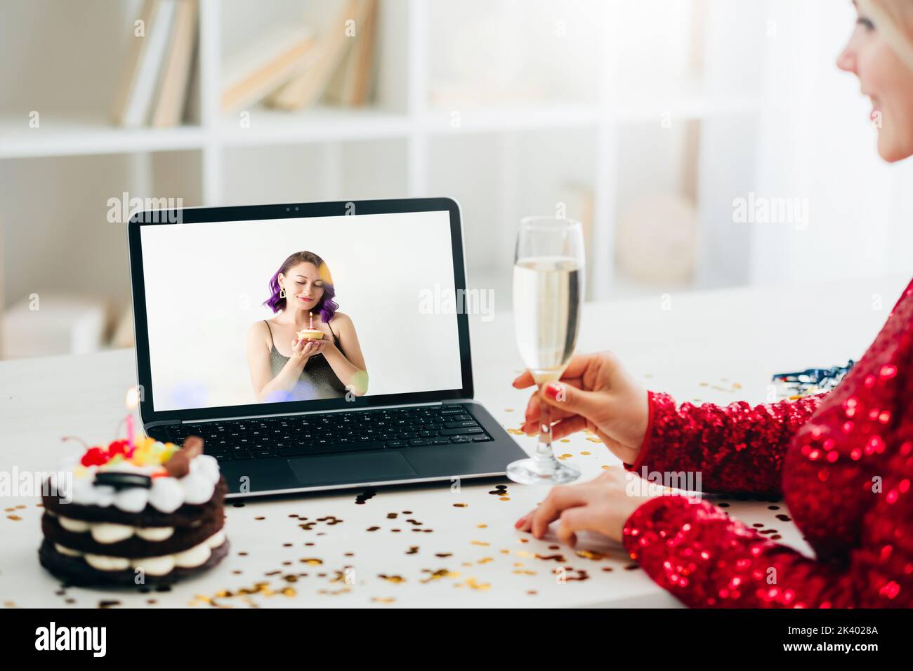 Happy birthday. Virtual greeting. Online conference. Unrecognizable