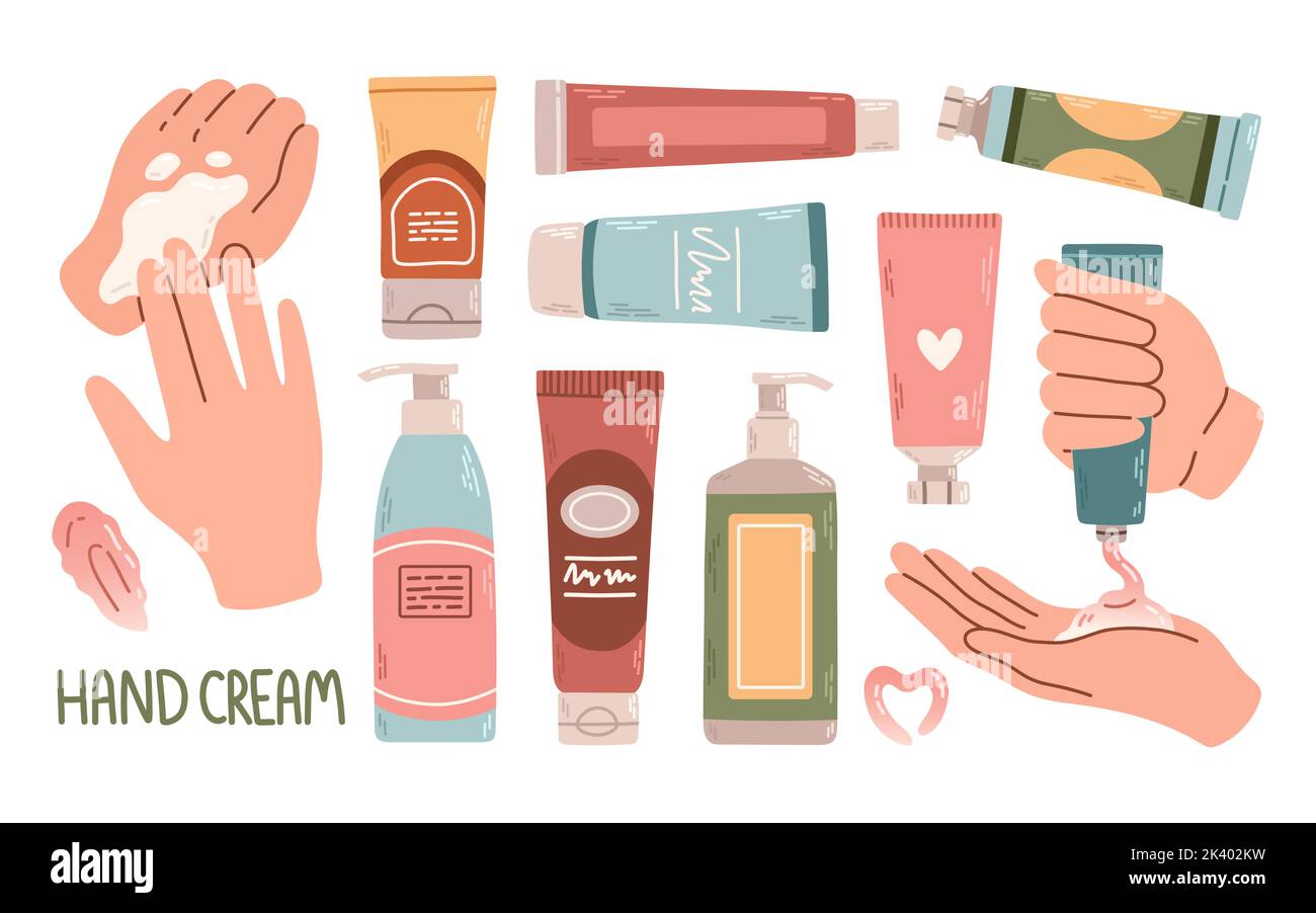 Hand cream set. Close up set of woman hands apply cream from tube