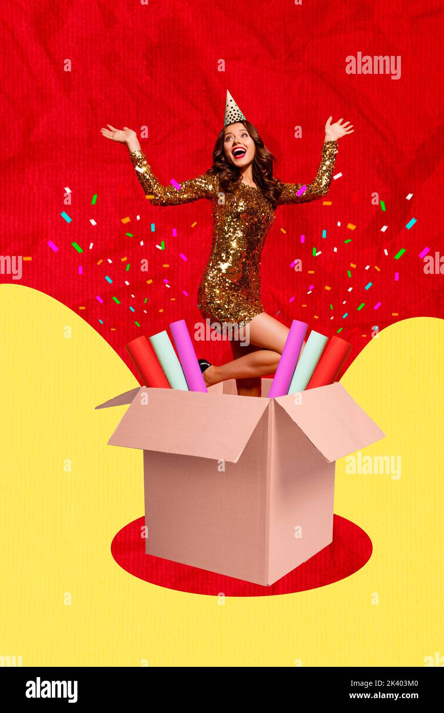 Creative drawing collage picture of happy excited young woman have fun enjoy birthday party celebration present box petards holiday agency Stock Photo