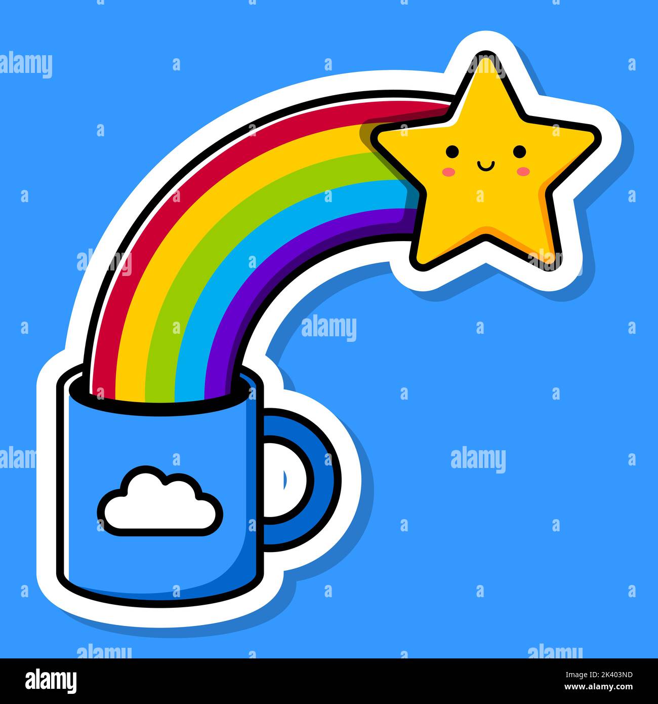 Blue cup with the image of a cloud. Star and rainbow. Flat sticker ...