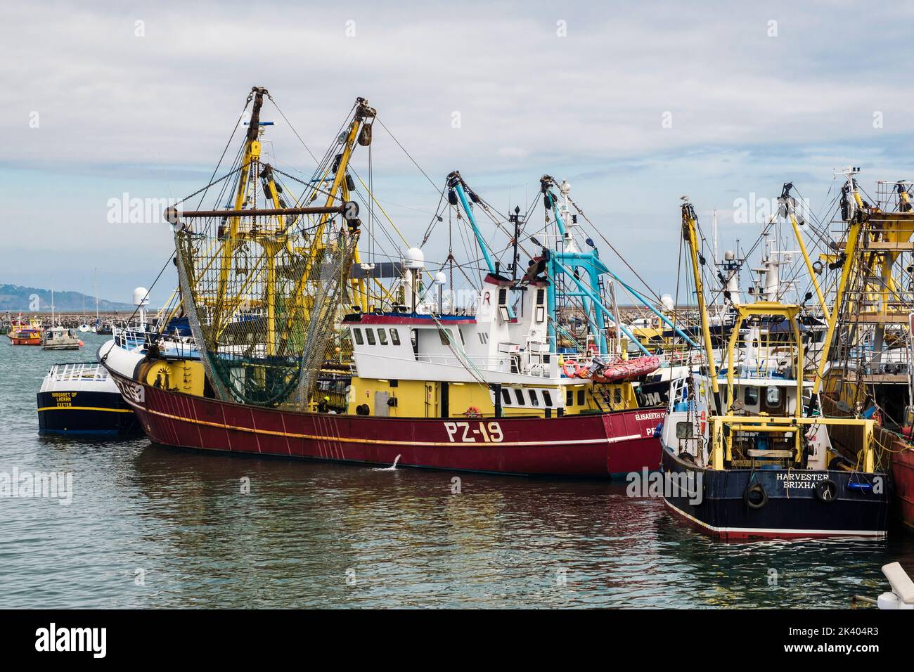 Commercial fishing trawlers in port in the outer harbour. Brixham, Devon, England, UK, Britain Stock Photo