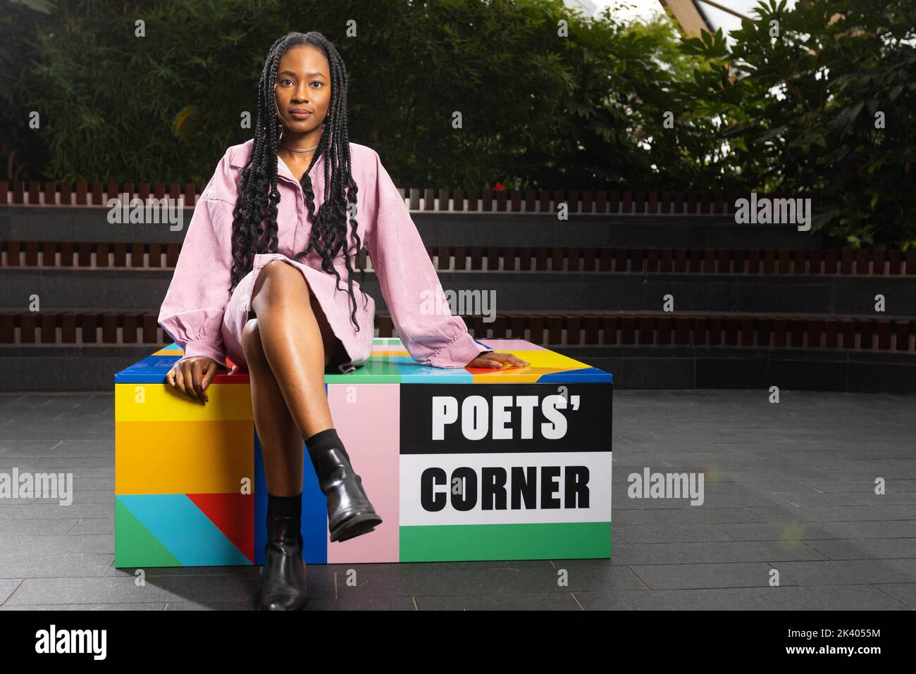 EDITORIAL USE ONLY Young People's Laureate Theresa Lola unveils 'Poets' Corner at Canary Wharf to celebrate Black History Month and provide a platform for young Black poets across London. Issue date: Thursday September 29, 2022. Stock Photo
