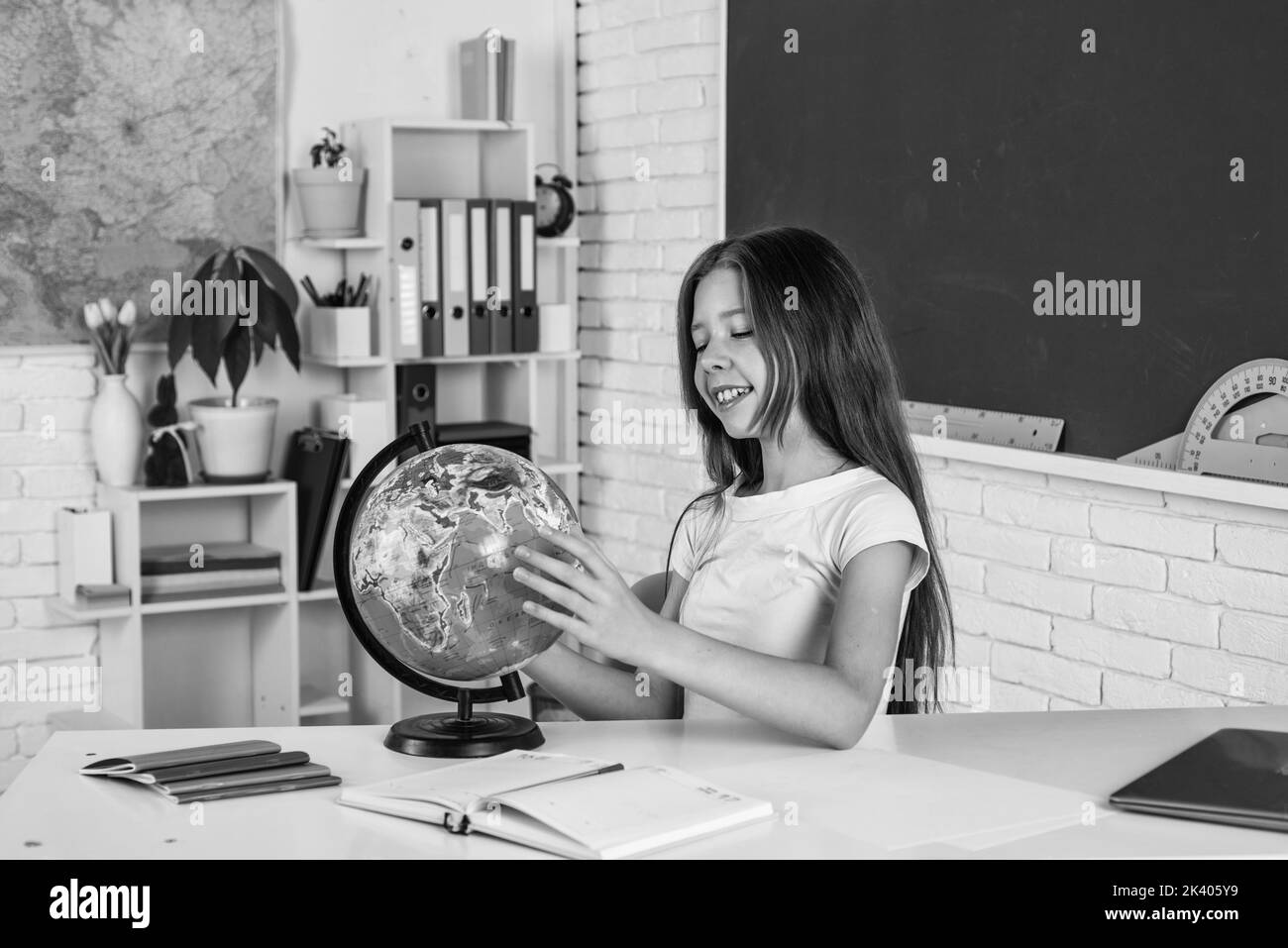 find a place. child with globe. college student kid do homework. happy