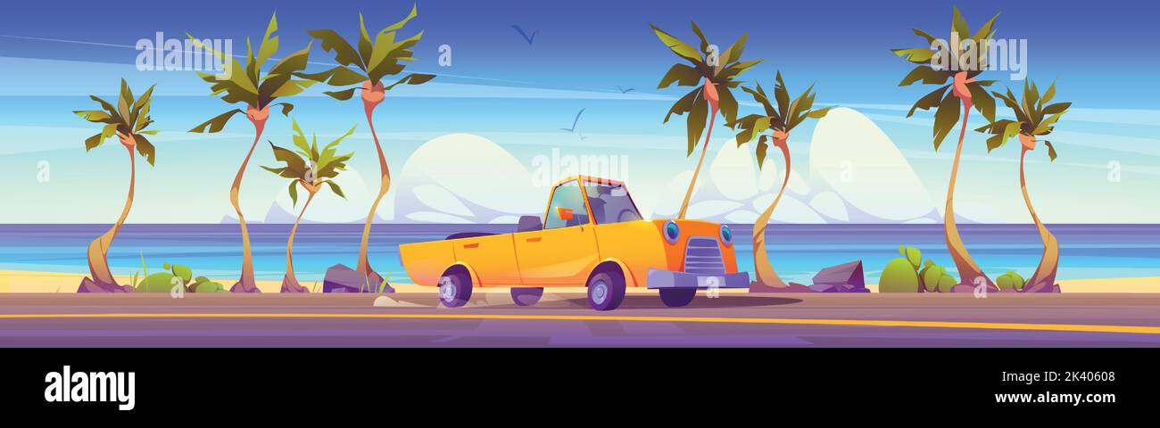 Cabriolet drive on road on sea coast with sand beach and palm trees. Summer tropical landscape of ocean shore, asphalt highway and retro car, vector cartoon illustration Stock Vector
