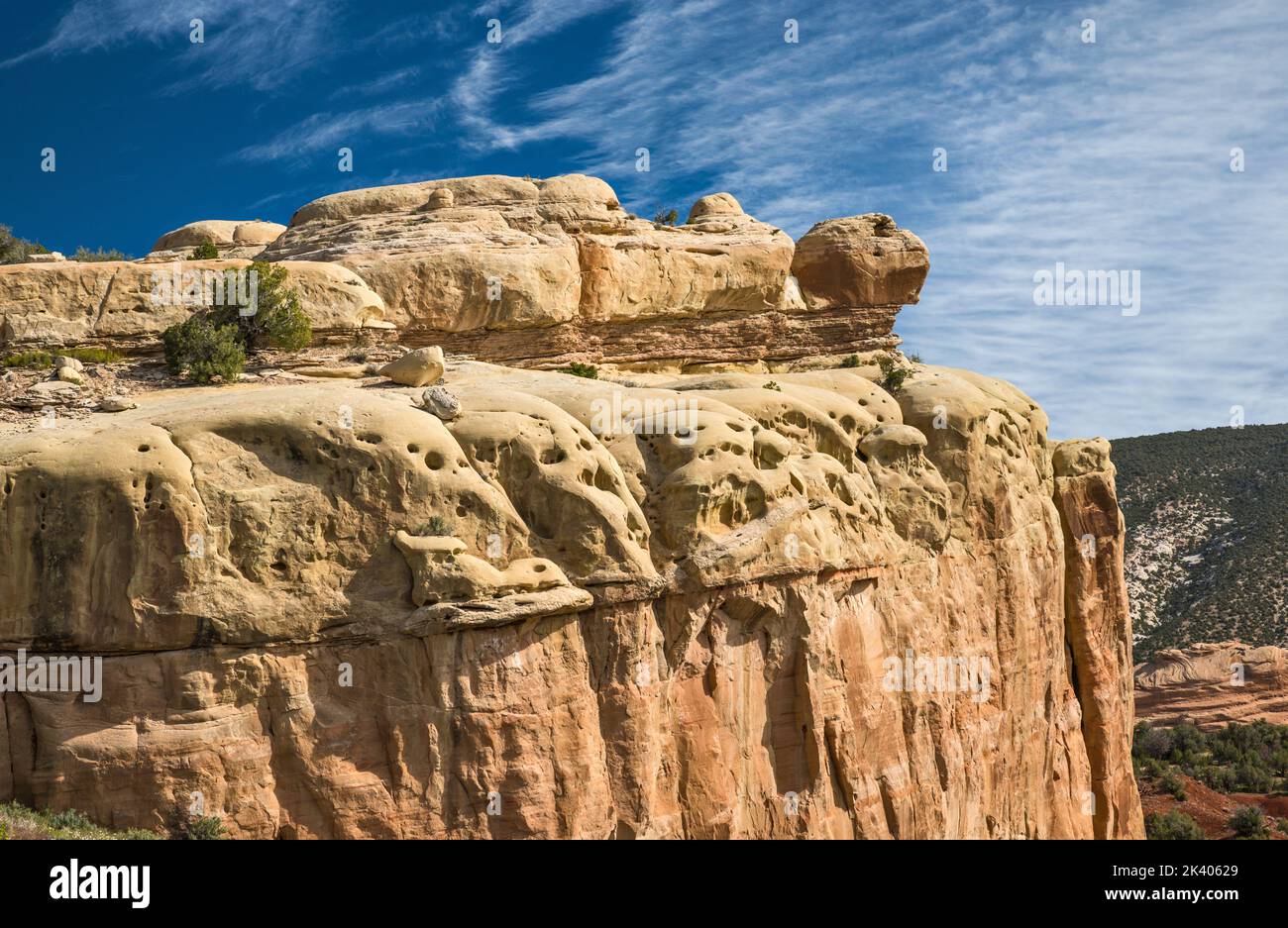 Turtle Rock, tafoni cavities in Weber Sandstone walls, view from Cub Creek Road, Dinosaur National Monument, Utah, USA Stock Photo