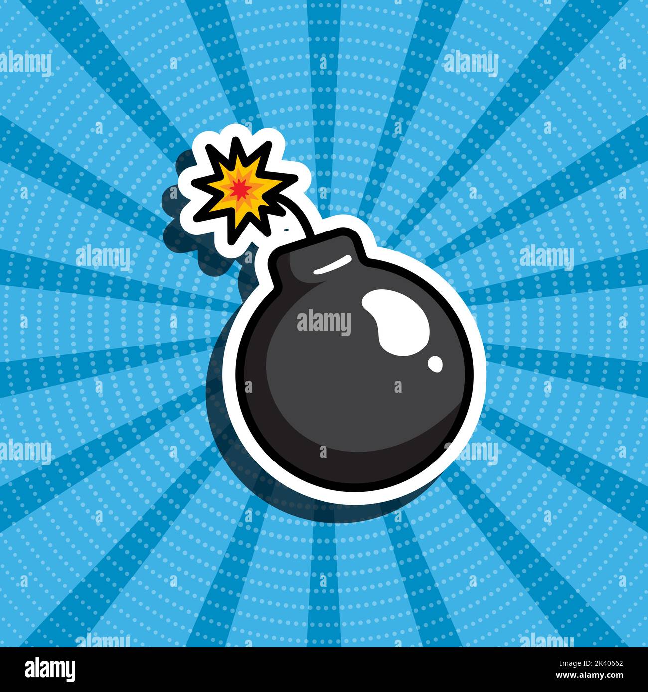 Cartoon illustration of a bomb. Blue retro background. Comic style, pop art. Stickers, patches, pins. Stock Vector