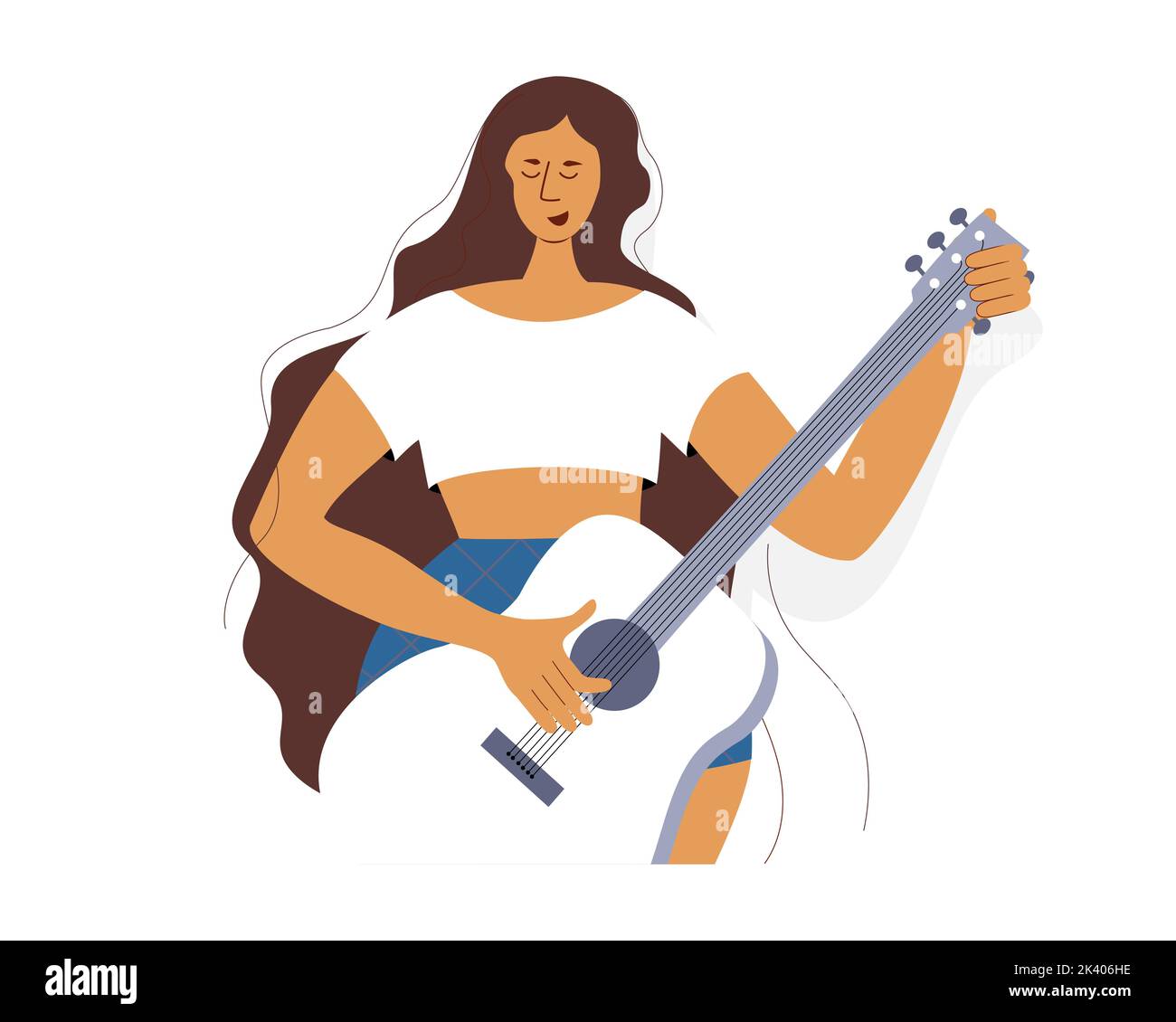 Portrait of young lady in summer top playing guitar. Cartoon stylish vector character design Stock Vector