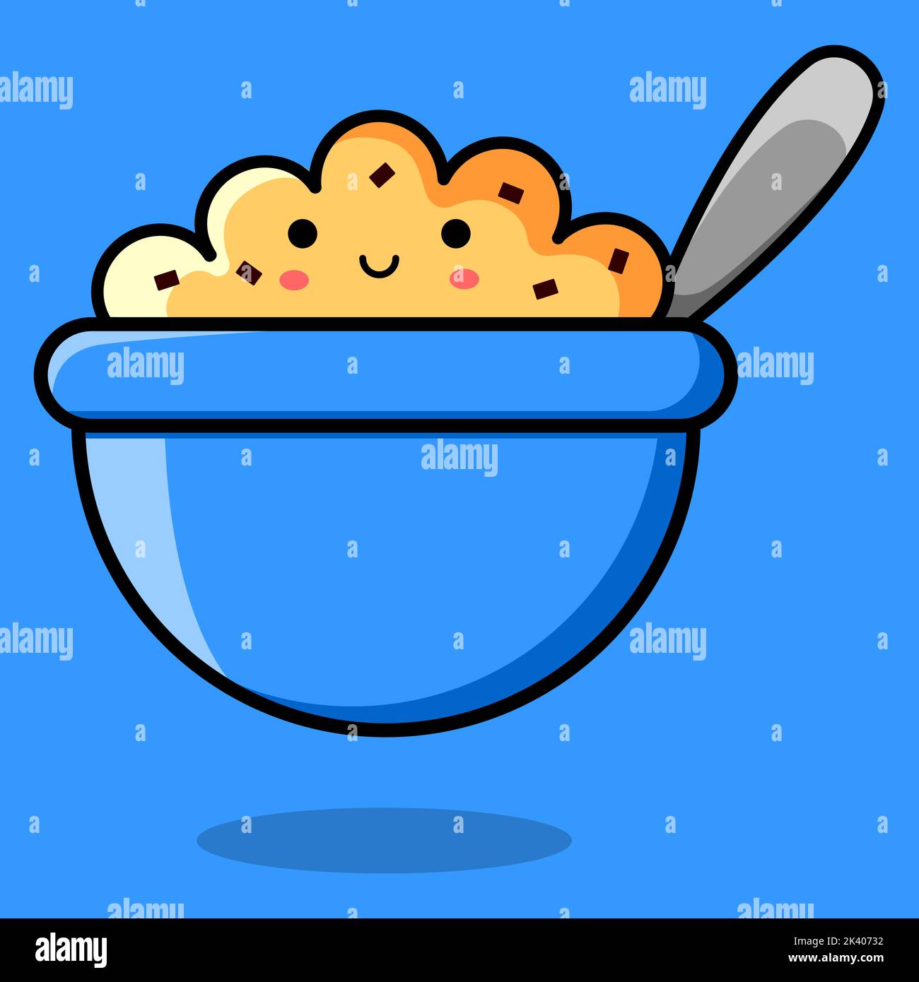 Image of a smiling kawaii porridge with raisins in a blue bowl. Vector