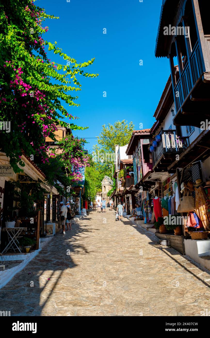 Kas Antalya Turkey July 2018, a colorful house on the narrow Streets of the old center with many restaurants.  Stock Photo