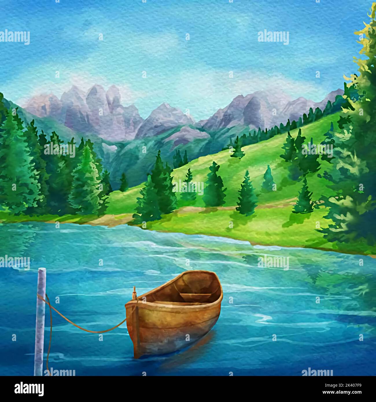 picture of a boat on a lake with a natural landscape, trees and mountains in the background Stock Photo