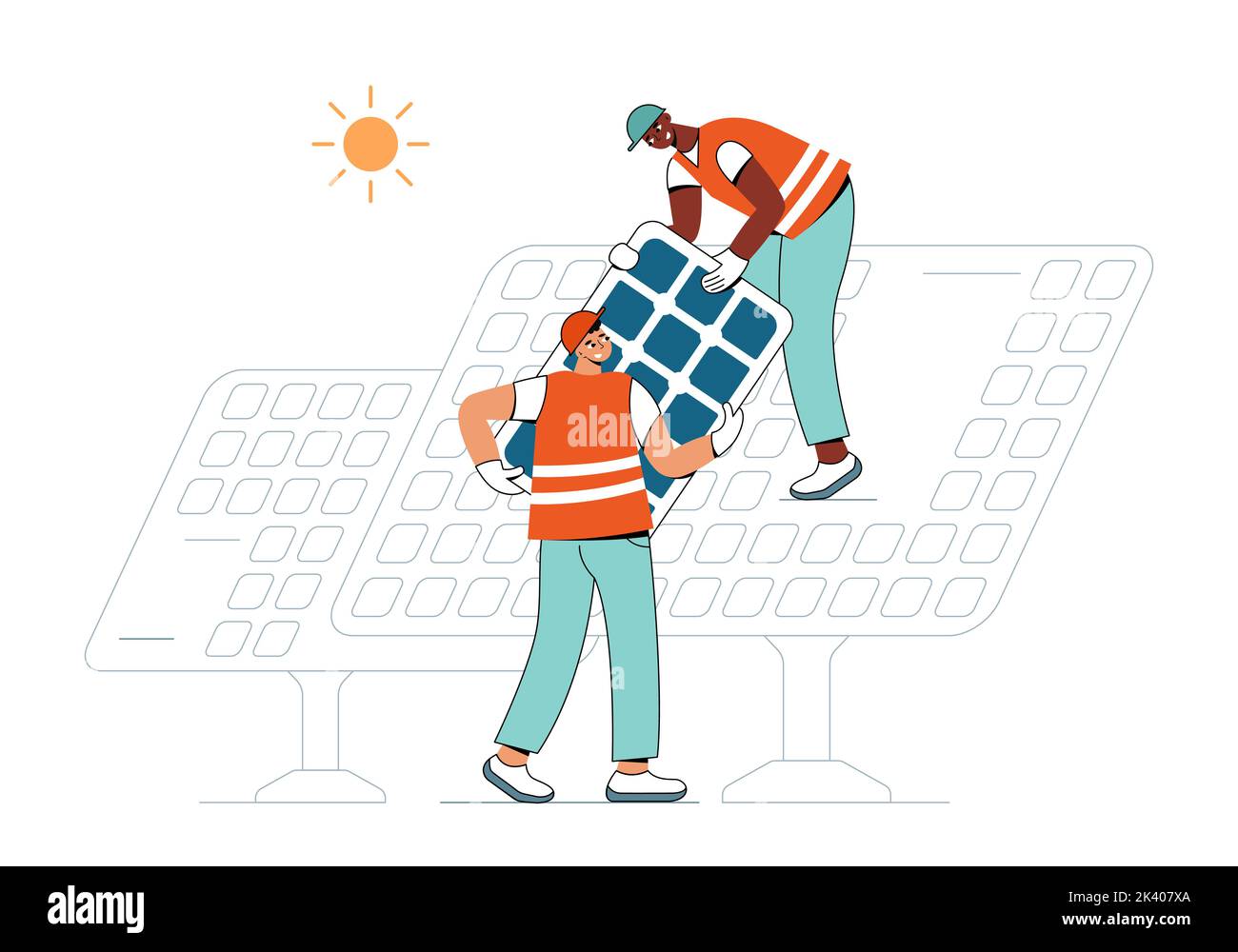 Two workers are set a panel at a solar power plant. Smart and green energy. Stock Vector