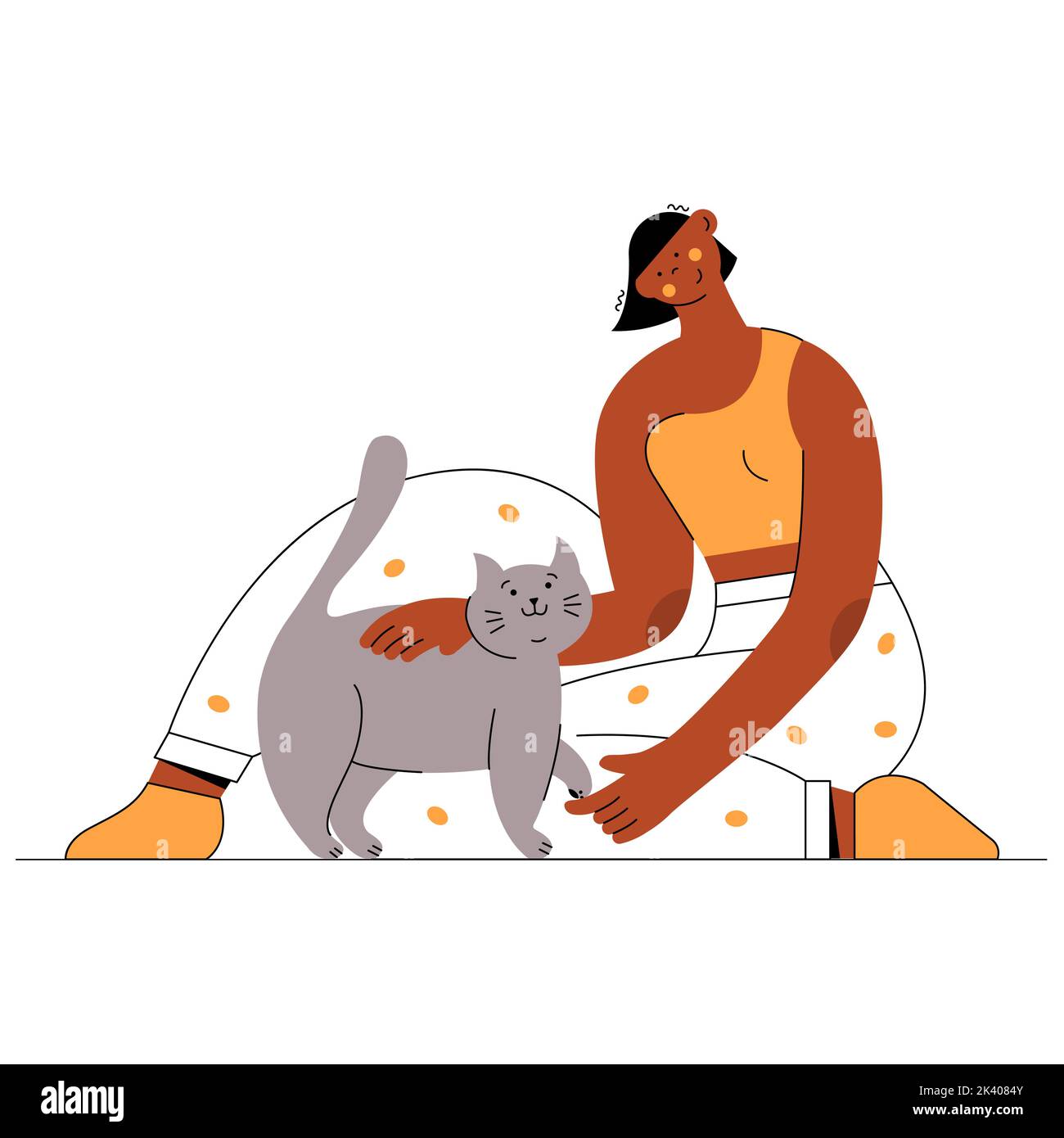 Cat owner. A young beautiful african-american woman seats near her well chubby domestic cat. Stock Vector