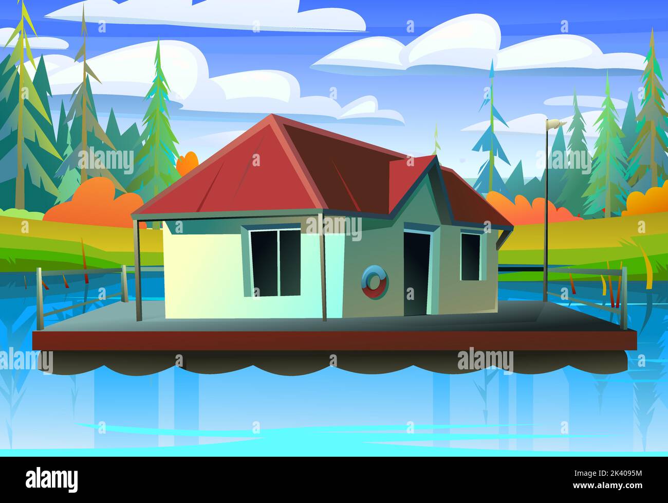 Floating house On bank of lake. Dwelling with small courtyard on water