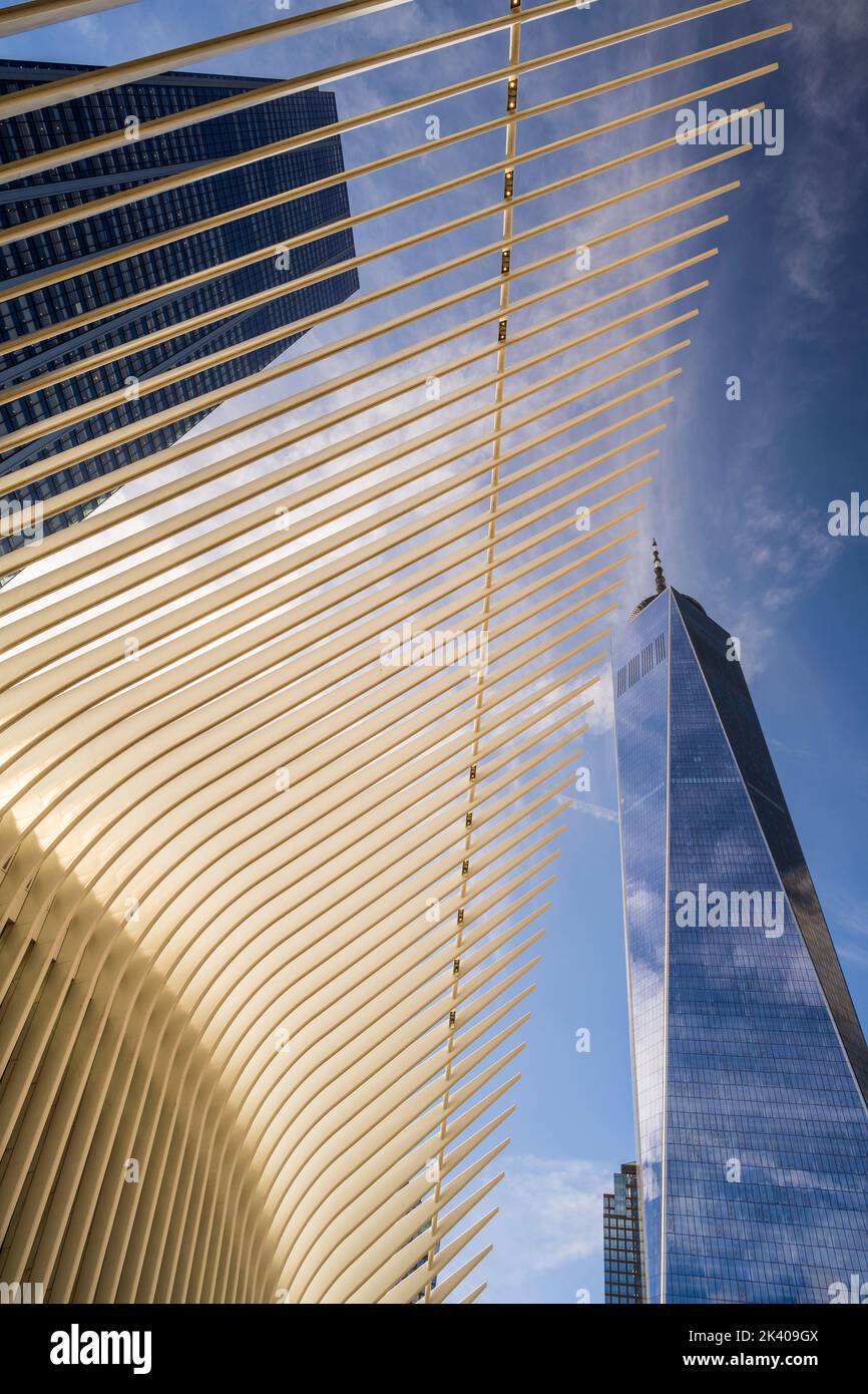 World Trade Center station (PATH), known also as Oculus, designed by architect Santiago Calatrava with One World Trade Center behind, New York, NY,USA Stock Photo