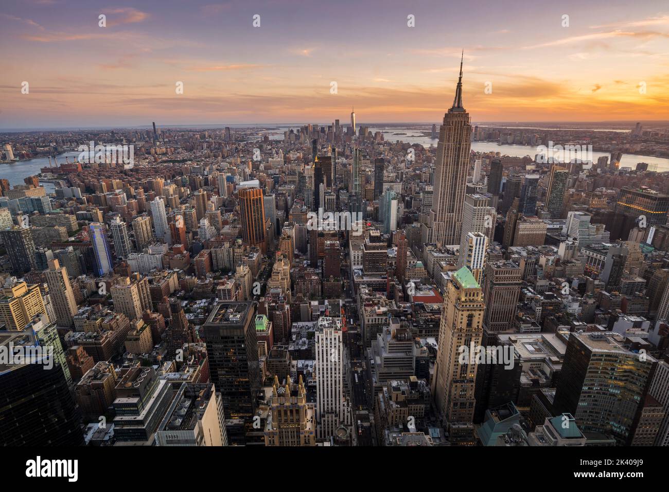 Aerial view of Midtown Manhattan skyline at sunset, New York, USA Stock Photo
