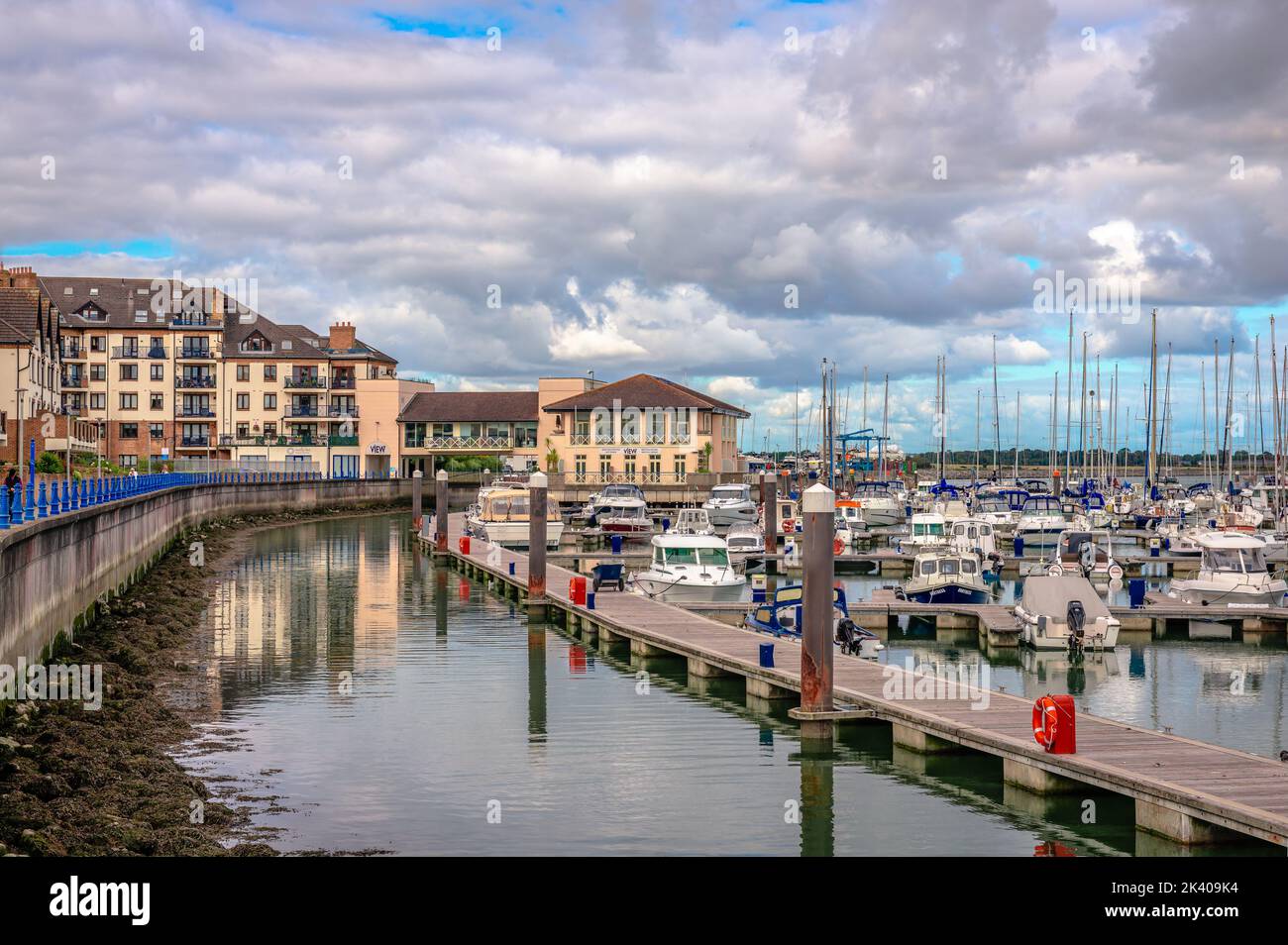 View of the waterfront and the marina of Malahide, Ireland, with lot of boats. Stock Photo