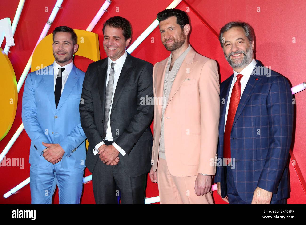 September 28, 2022, Los Angeles, CA, USA: LOS ANGELES - SEP 28:  Luke Macfarlane, Nicholas Stoller, Billy Eichner, Judd Apatow at the Bros Premiere at Regal LA Live on September 28, 2022 in Los Angeles, CA (Credit Image: © Kay Blake/ZUMA Press Wire) Stock Photo