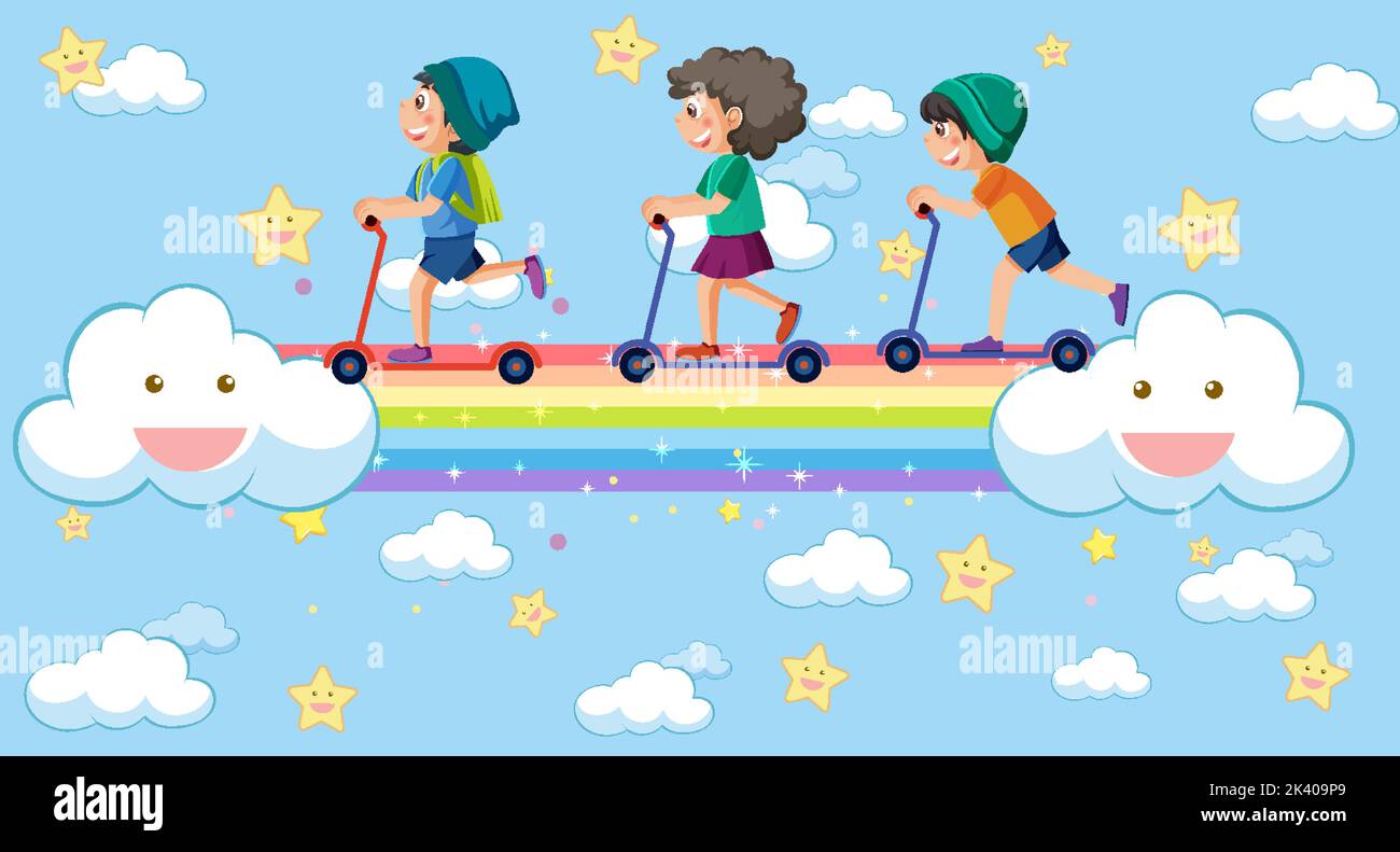 Happy kids in in the sky with rainbow illustration Stock Vector Image ...