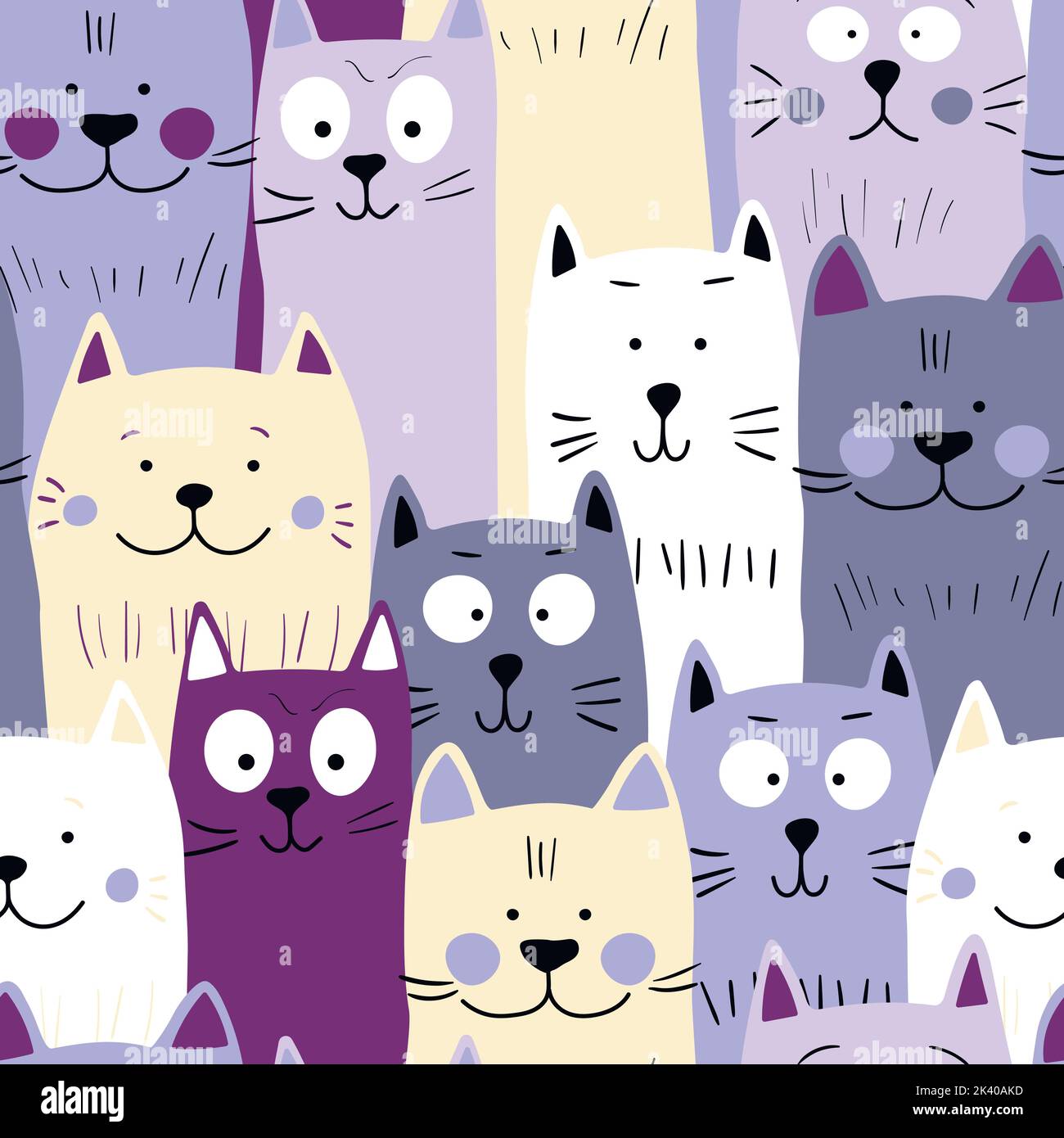Seamless pattern with cute kitten print. Different scandy cats on color ...