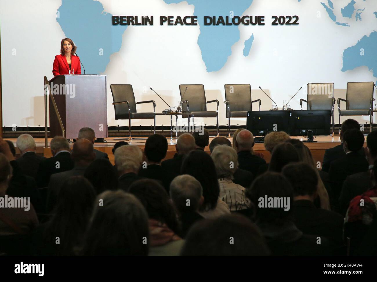 Berlin, Germany. 29th Sep, 2022. Annalena Baerbock (Bündnis90/Grüne), Federal Minister for Foreign Affairs, opens the Berlin Peace Dialogue conference 'Europe in the Shadow of War: New Challenges for Civilian Crisis Prevention and Conflict Management' at the Federal Foreign Office. The conference will focus on early crisis detection, crisis prevention and the improvement of a European peace and security order. Credit: Wolfgang Kumm/dpa/Alamy Live News Stock Photo